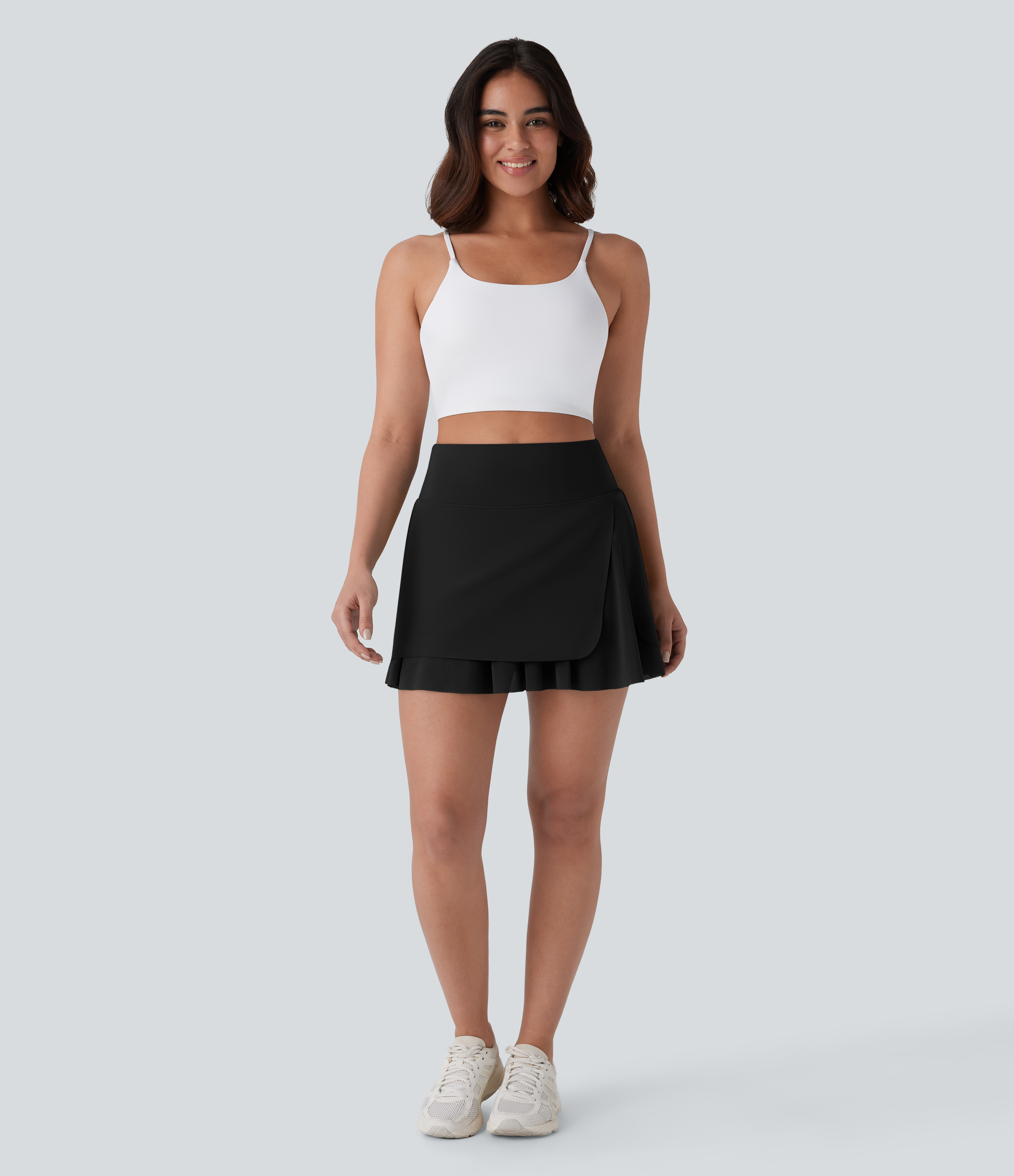 Halara Softlyzeroв„ў Airy High Waisted Contrast Mesh Tiered 2-in-1 Side Pocket Flare Mini Cool Touch Yoga Skirt-UPF50+  - Black - XS(regular) 