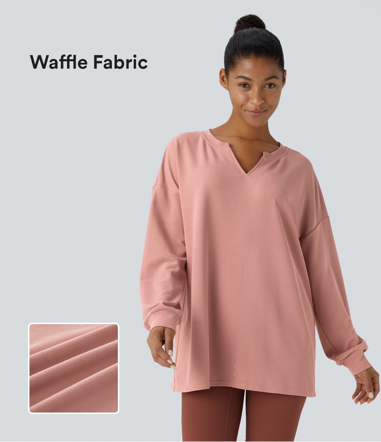Halara V Neck Dropped Shoulder Relaxed Waffle Casual Sweatshirt  - Rose Tan - XL 