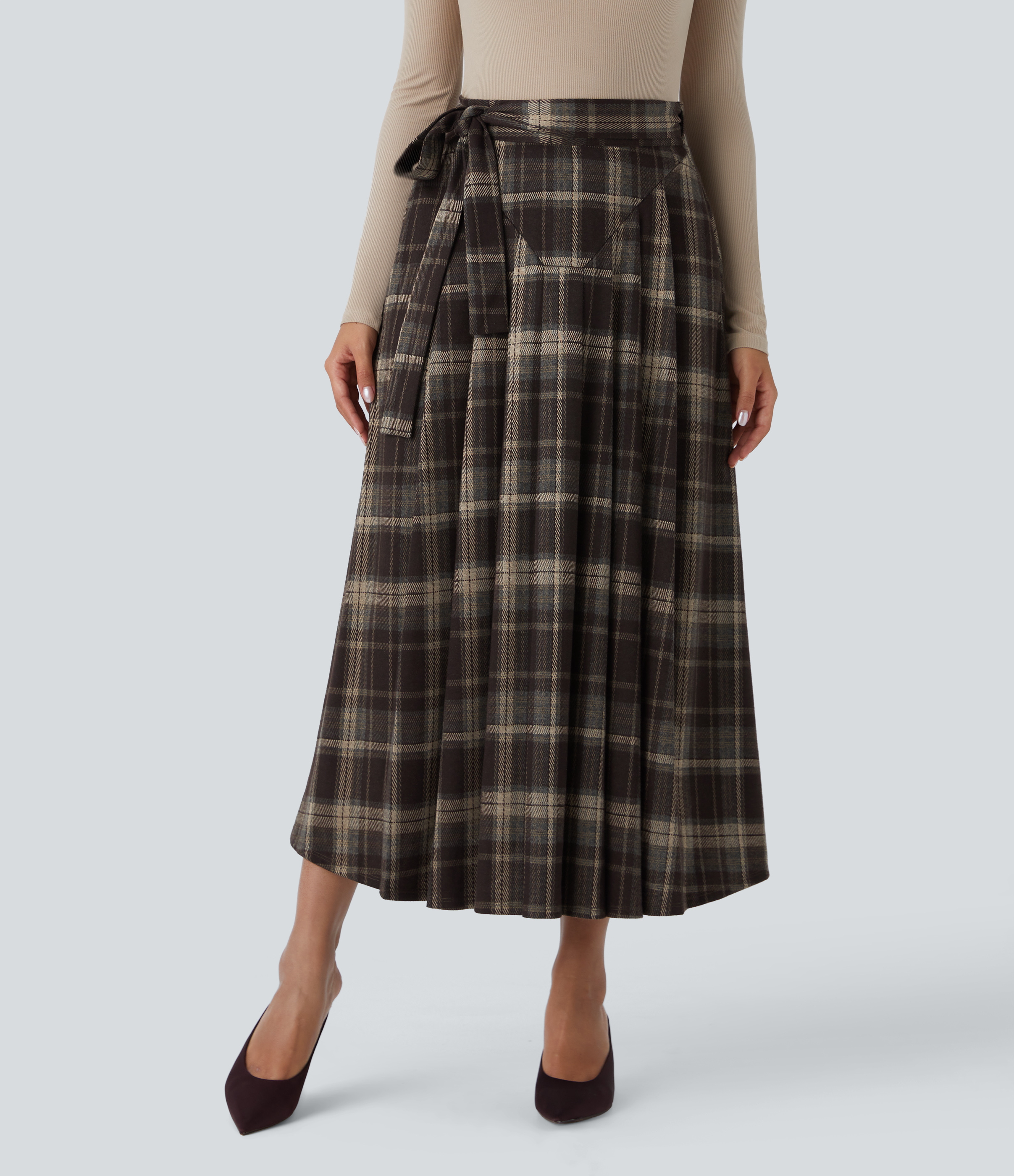 Halara High Waisted Belted Wrapped Side Pocket Plaid Midi Work Skirt-Front and Back Wearable  - Nordin Red Plaid - XL(regular) 