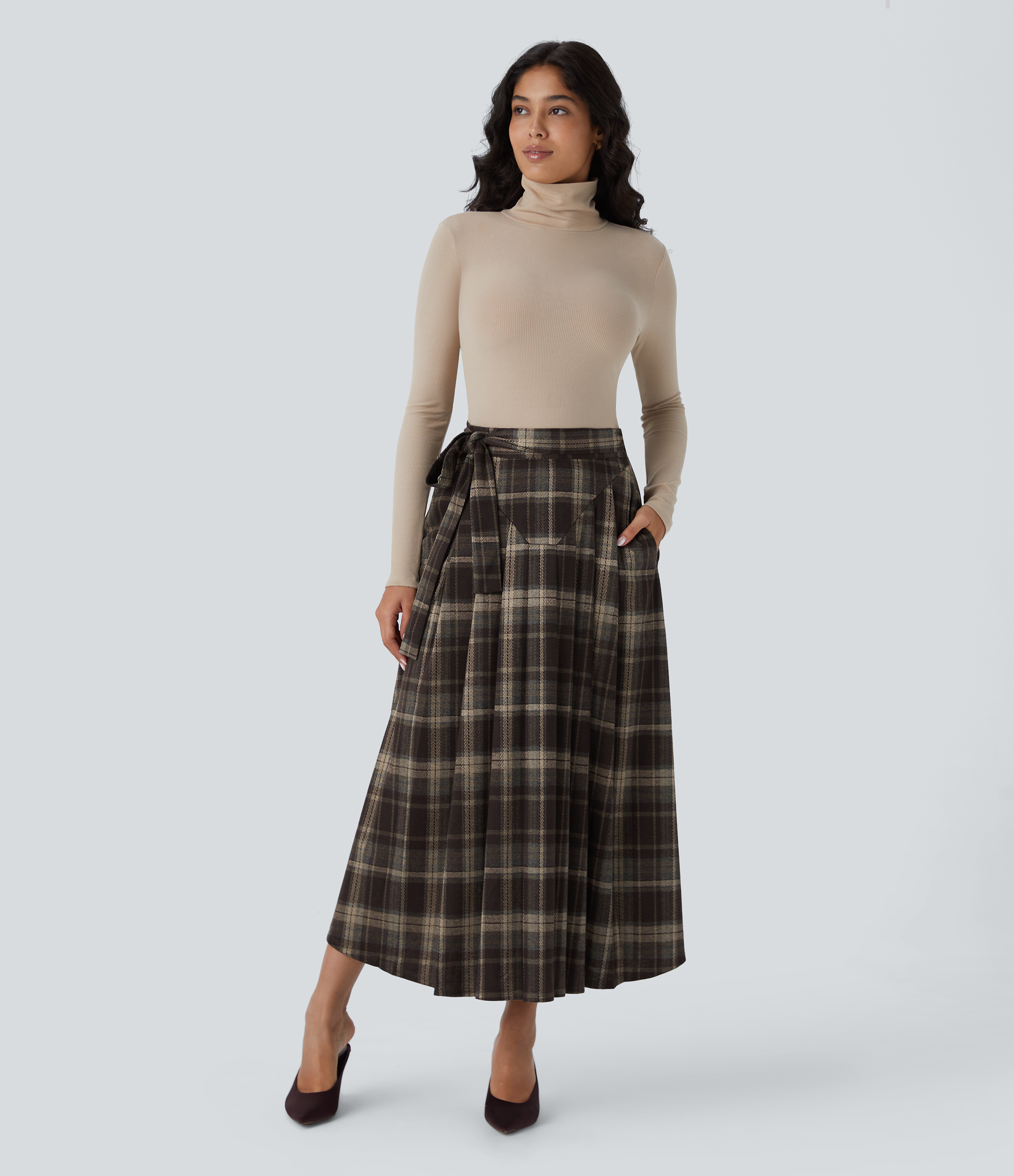 Halara High Waisted Belted Wrapped Side Pocket Plaid Midi Work Skirt-Front and Back Wearable  - Nordin Red Plaid - XL(regular) 