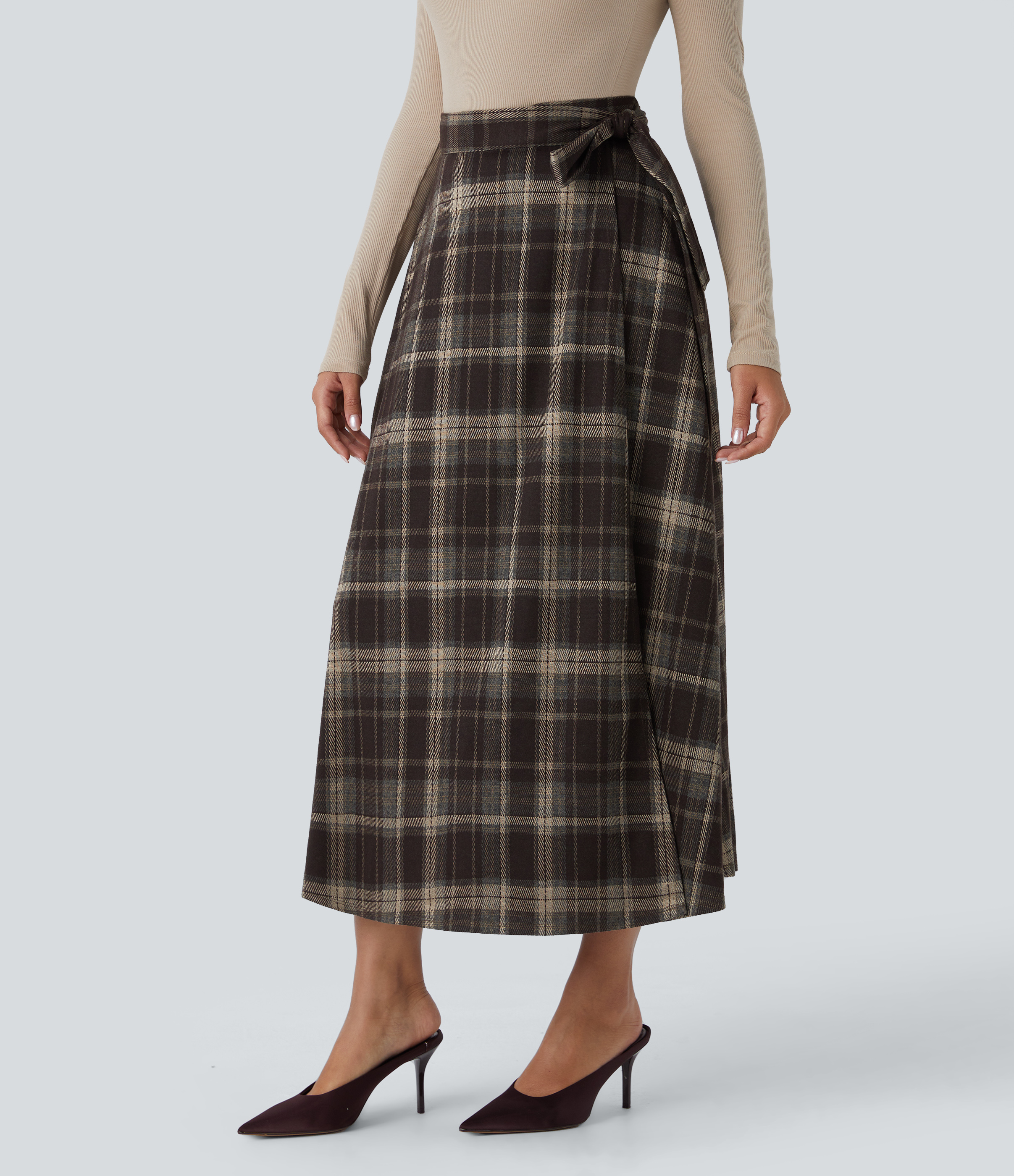 Halara High Waisted Belted Wrapped Side Pocket Plaid Midi Work Skirt-Front and Back Wearable  - Nordin Red Plaid - XL(regular) 