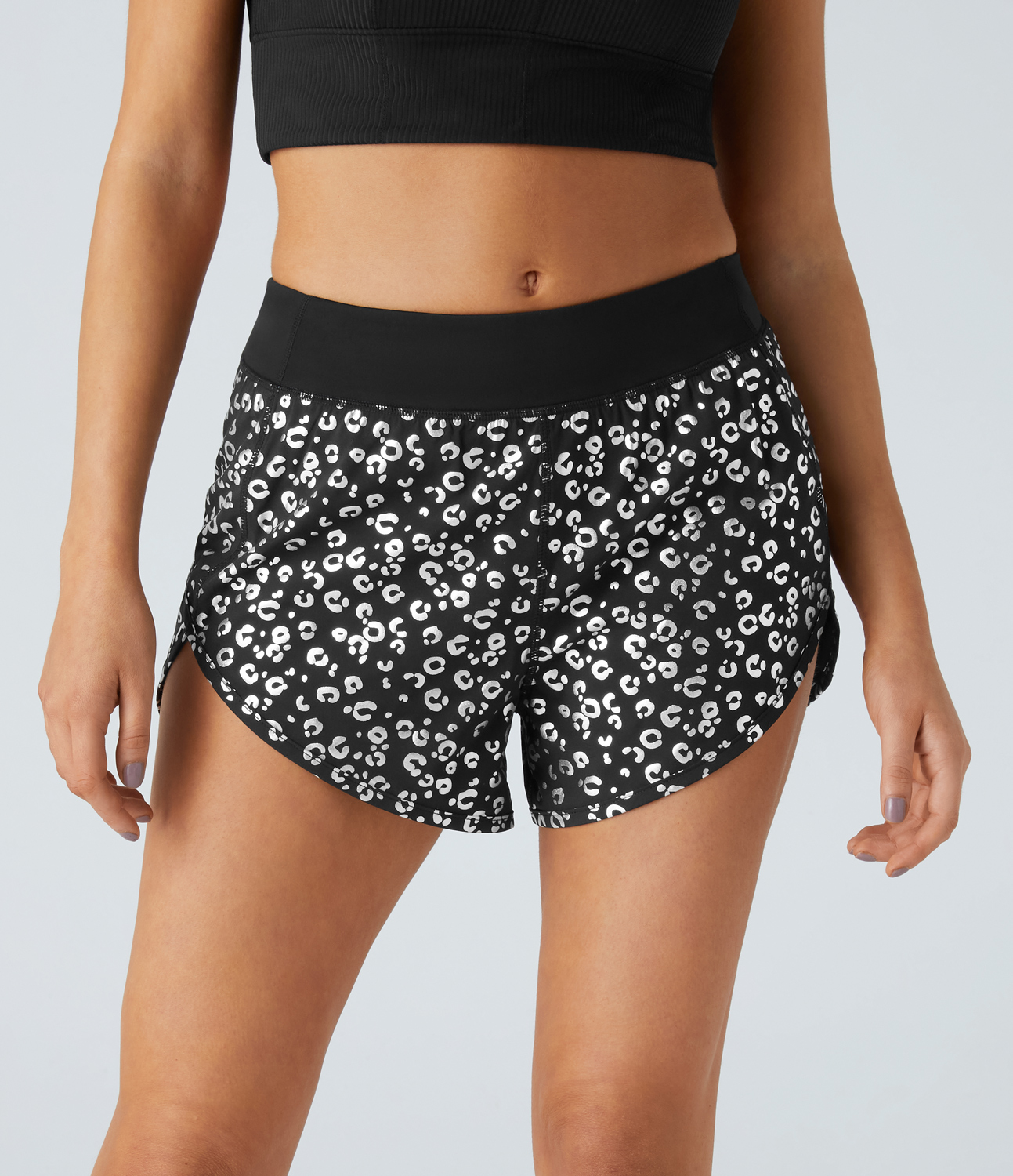 Halara Reflective Mid Rise Back Pocket Curved Hem 2-in-1 Leopard Print Yoga Shorts Gym Short - Silver Black Leopard Pattern - S booty shorts 