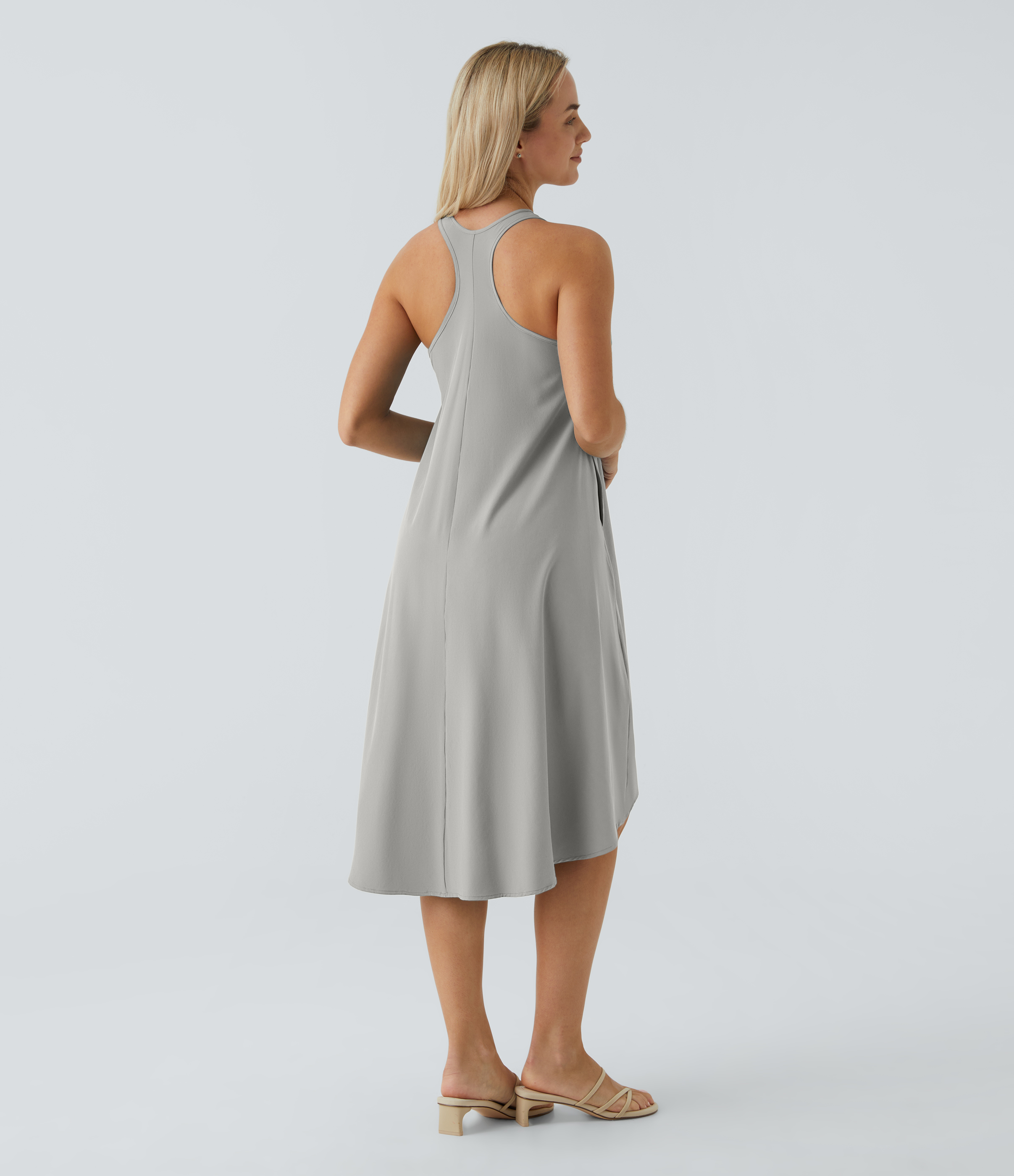 Halara Breezefulв„ў Backless Racerback Side Pocket High Low Flowy Midi Quick Dry Casual Dress Casual Dress - Ghost Gray - XS slip dress 