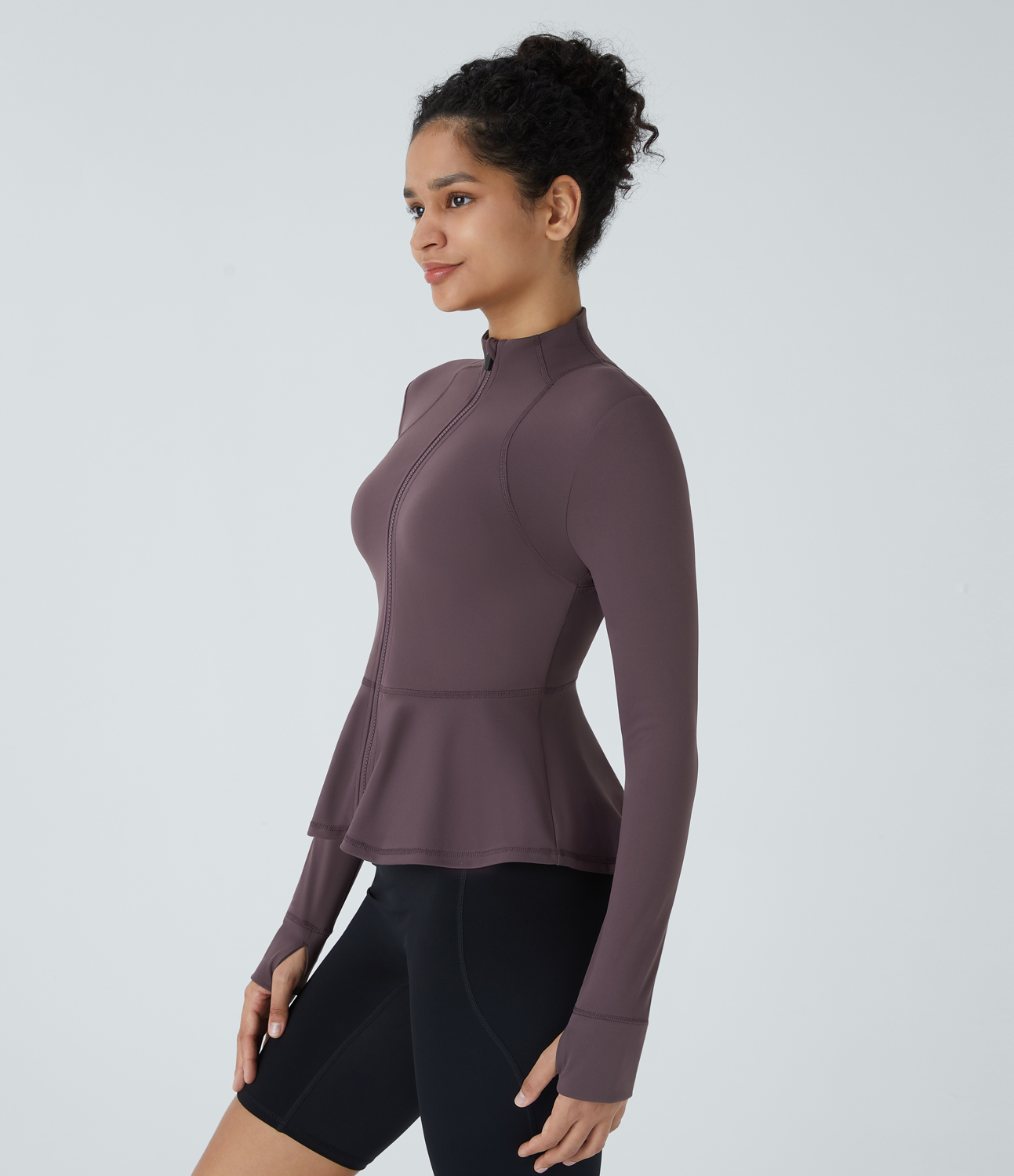 Halara Stand Collar Zipper Thumb Hole Ruffle Hem Yoga Jacket  - Dusky Evening purple - S 