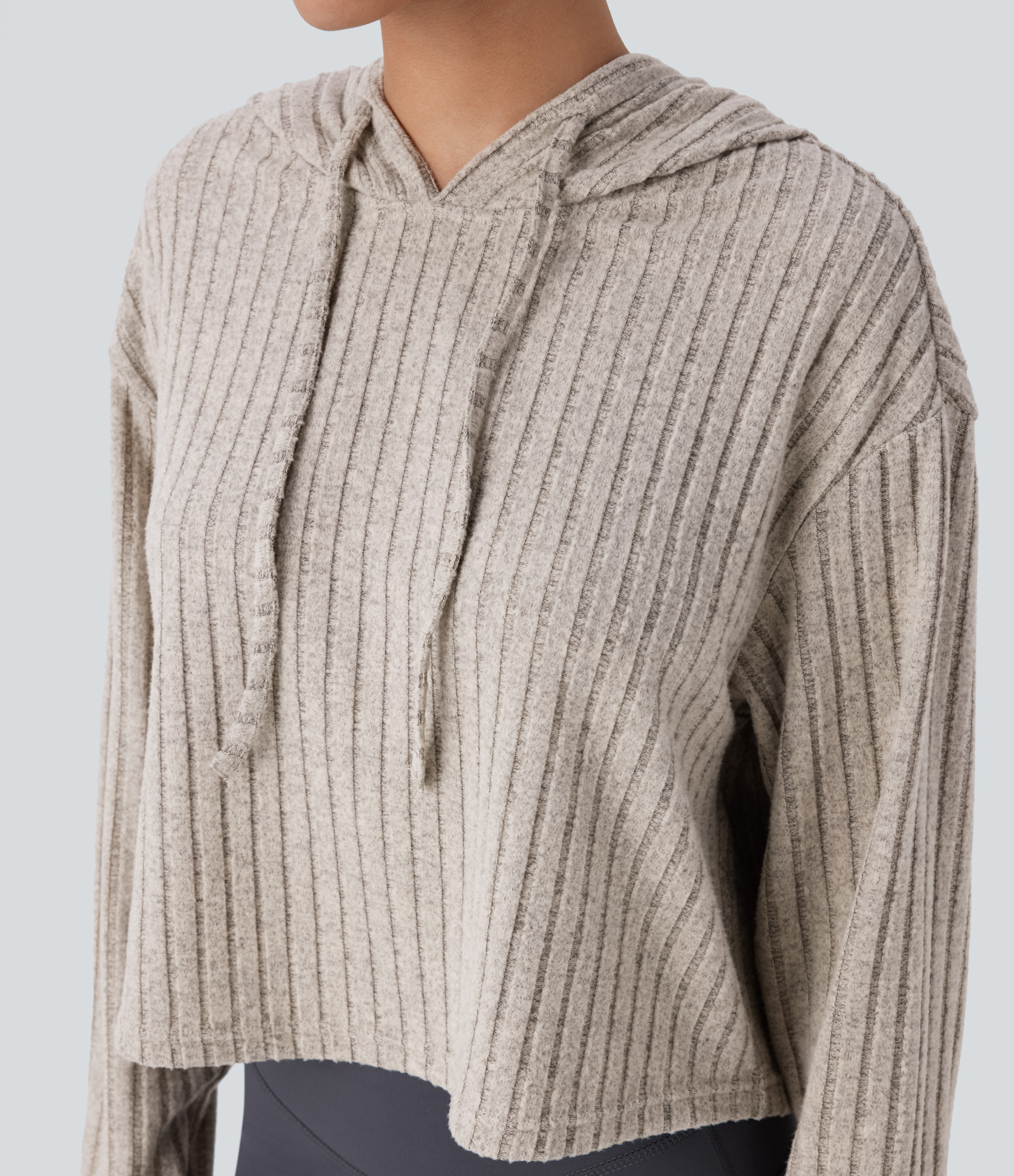 Halara Ribbed Knit Hooded Drawstring Relax Casual Sweatshirt  - Warm Grey Floral Velvet - M 