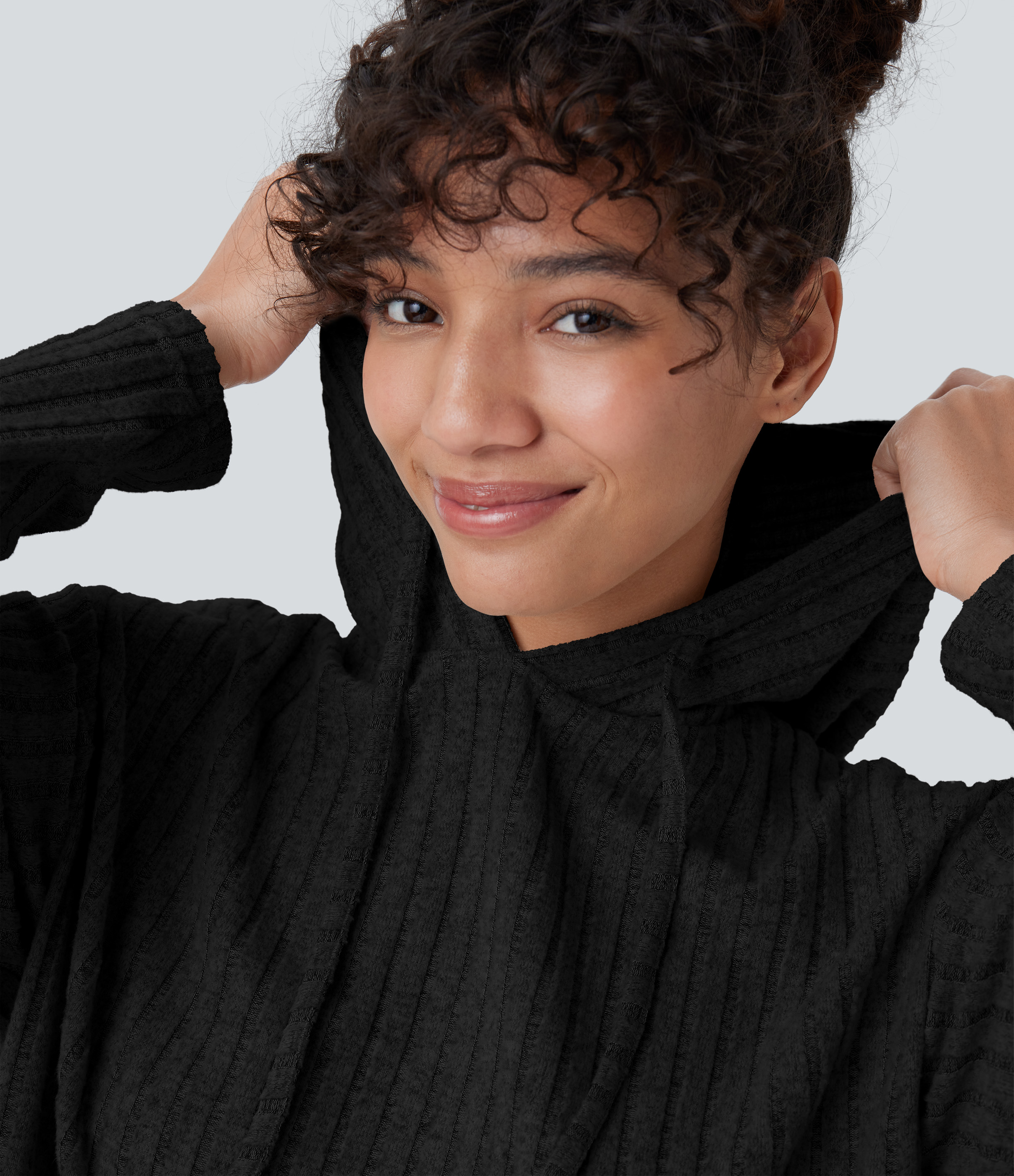 Halara Ribbed Knit Hooded Drawstring Relax Casual Sweatshirt  - Black - L 