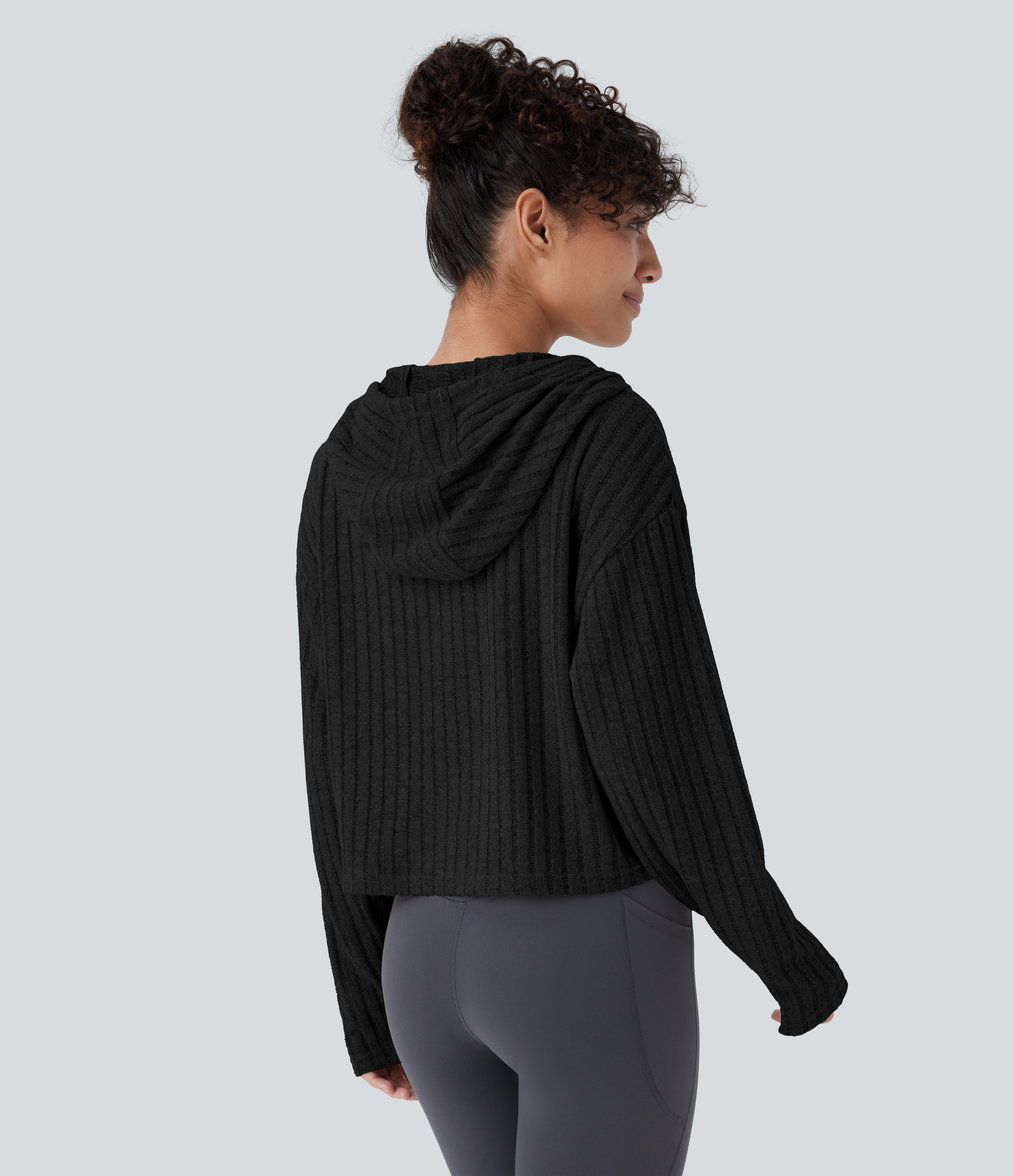 Halara Ribbed Knit Hooded Drawstring Relax Casual Sweatshirt  - Black - L 