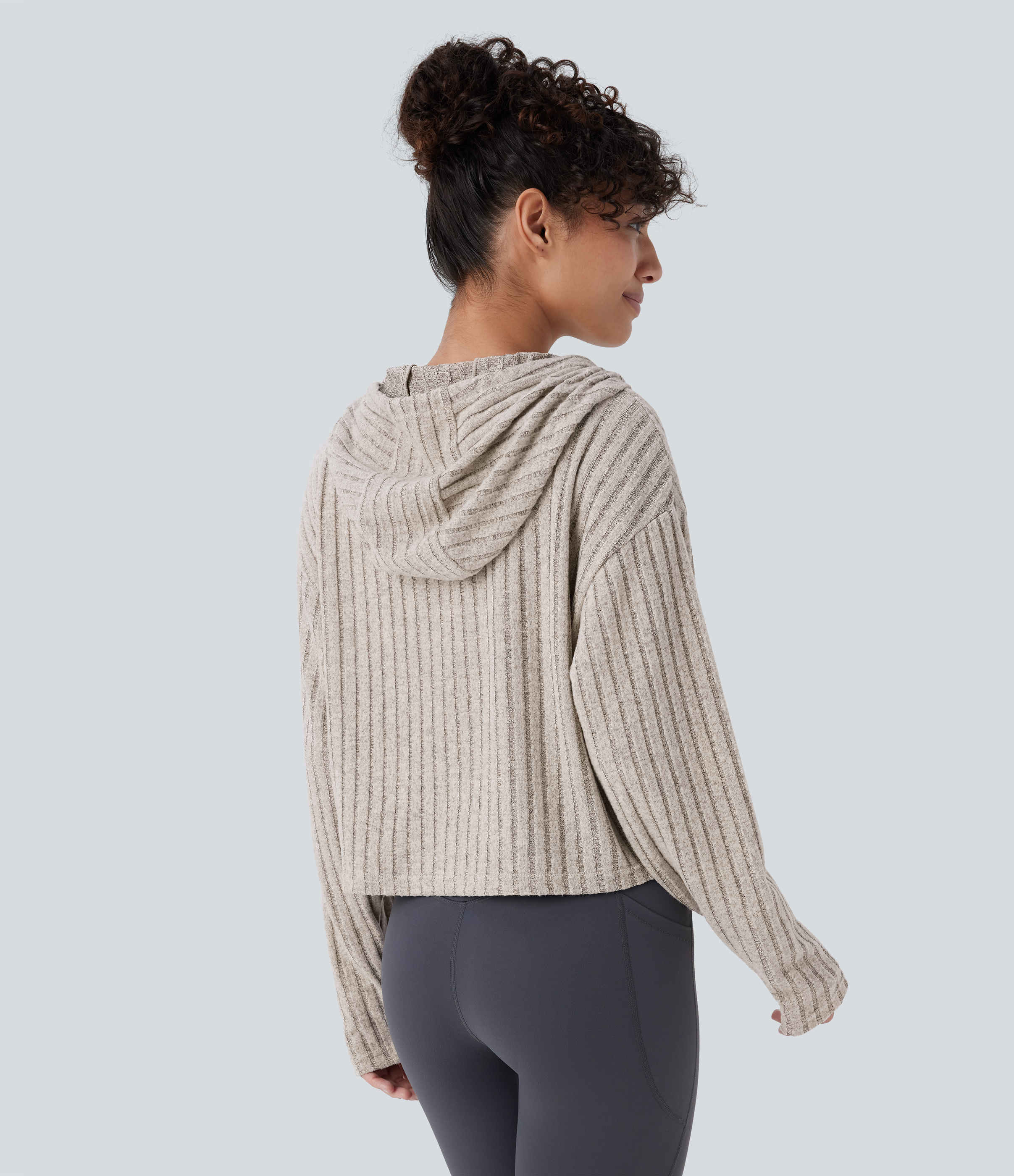 Halara Ribbed Knit Hooded Drawstring Relax Casual Sweatshirt  - Warm Grey Floral Velvet - M 