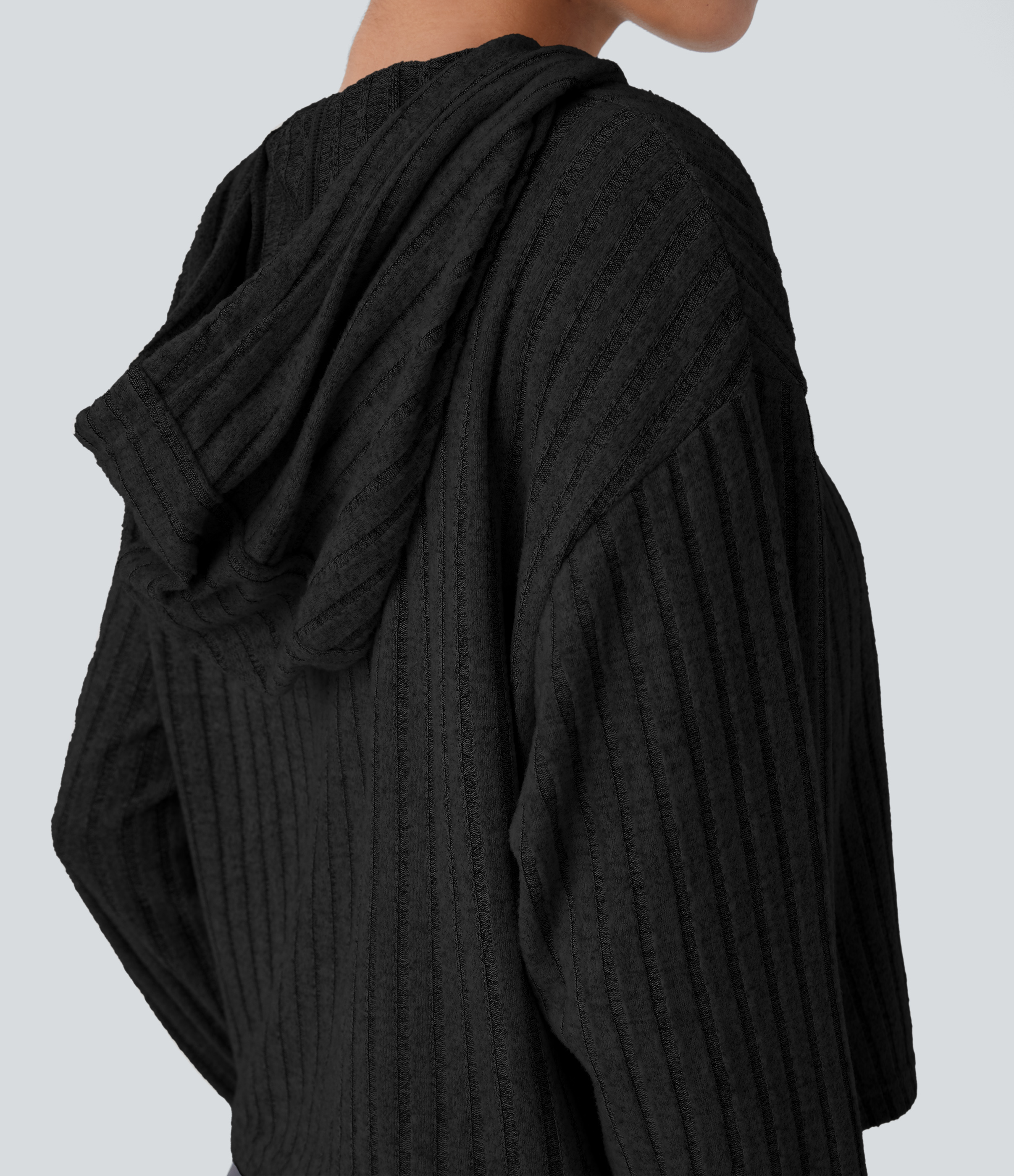 Halara Ribbed Knit Hooded Drawstring Relax Casual Sweatshirt  - Black - L 