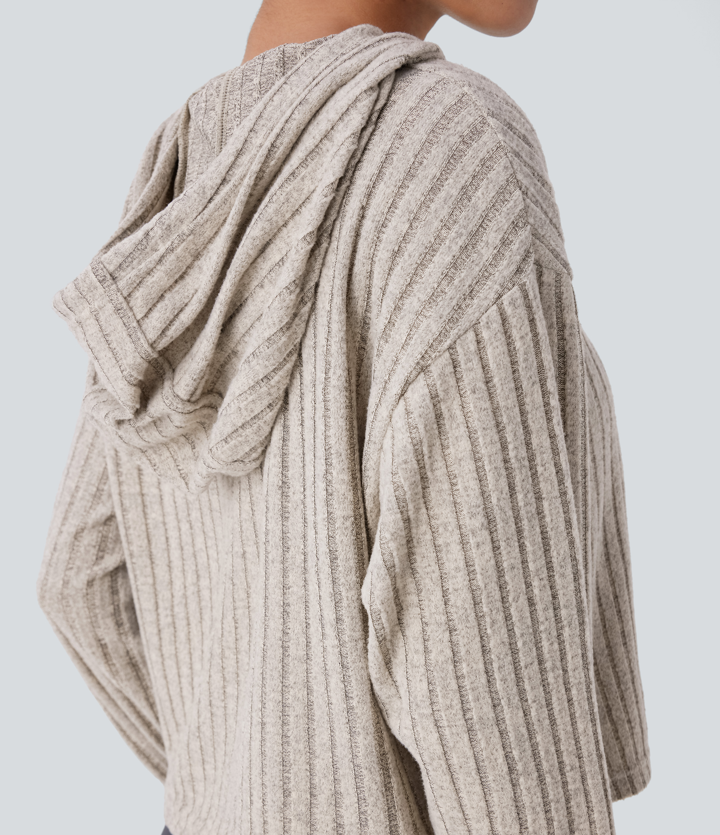 Halara Ribbed Knit Hooded Drawstring Relax Casual Sweatshirt  - Warm Grey Floral Velvet - M 