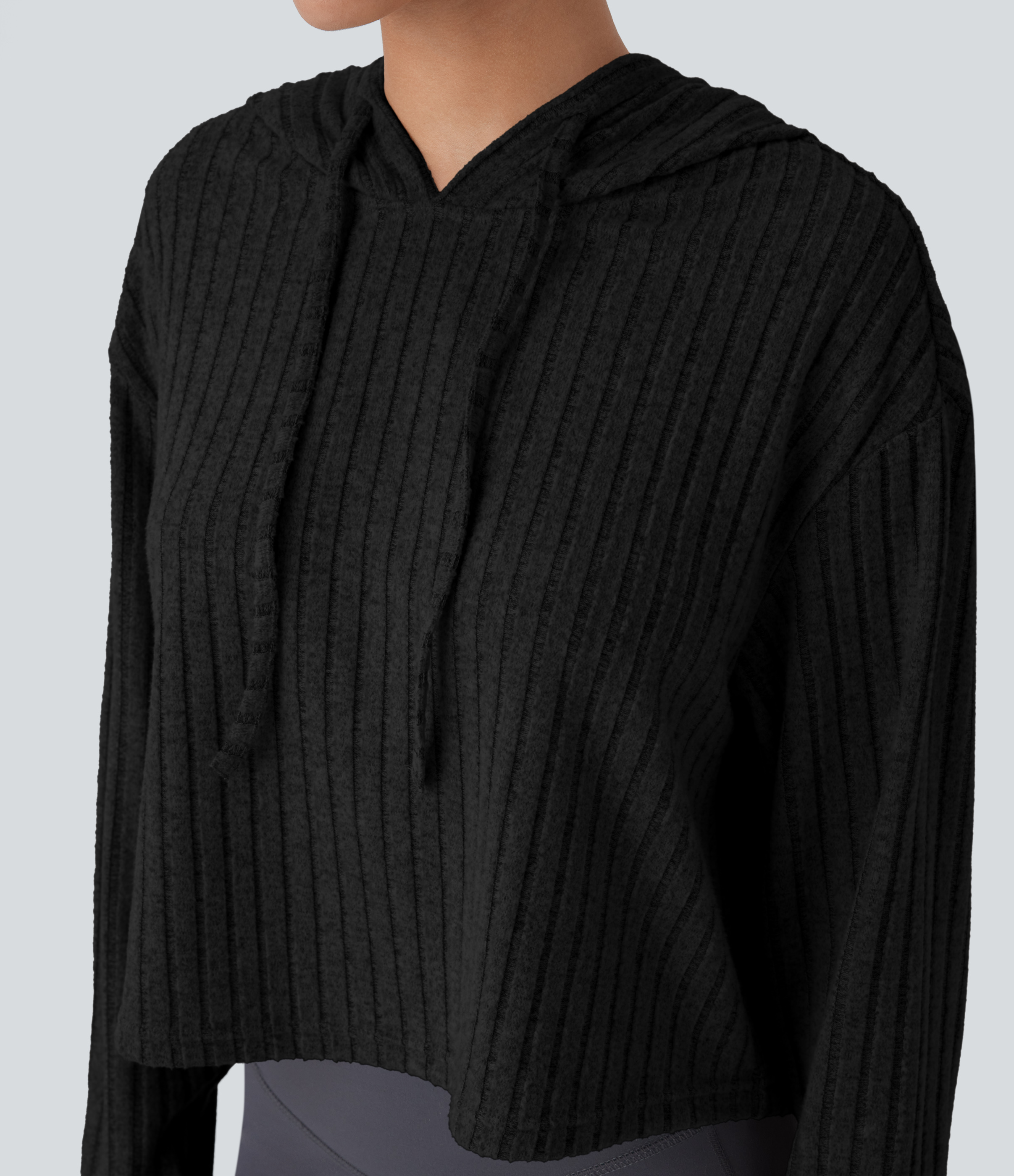 Halara Ribbed Knit Hooded Drawstring Relax Casual Sweatshirt  - Black - L 