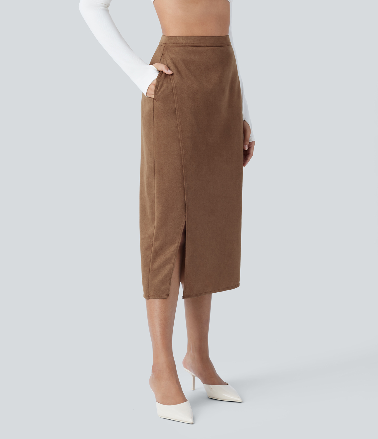 Halara High Waisted Side Pocket Split Suede Midi Work Skirt  - Pecan Pie - S(regular) 