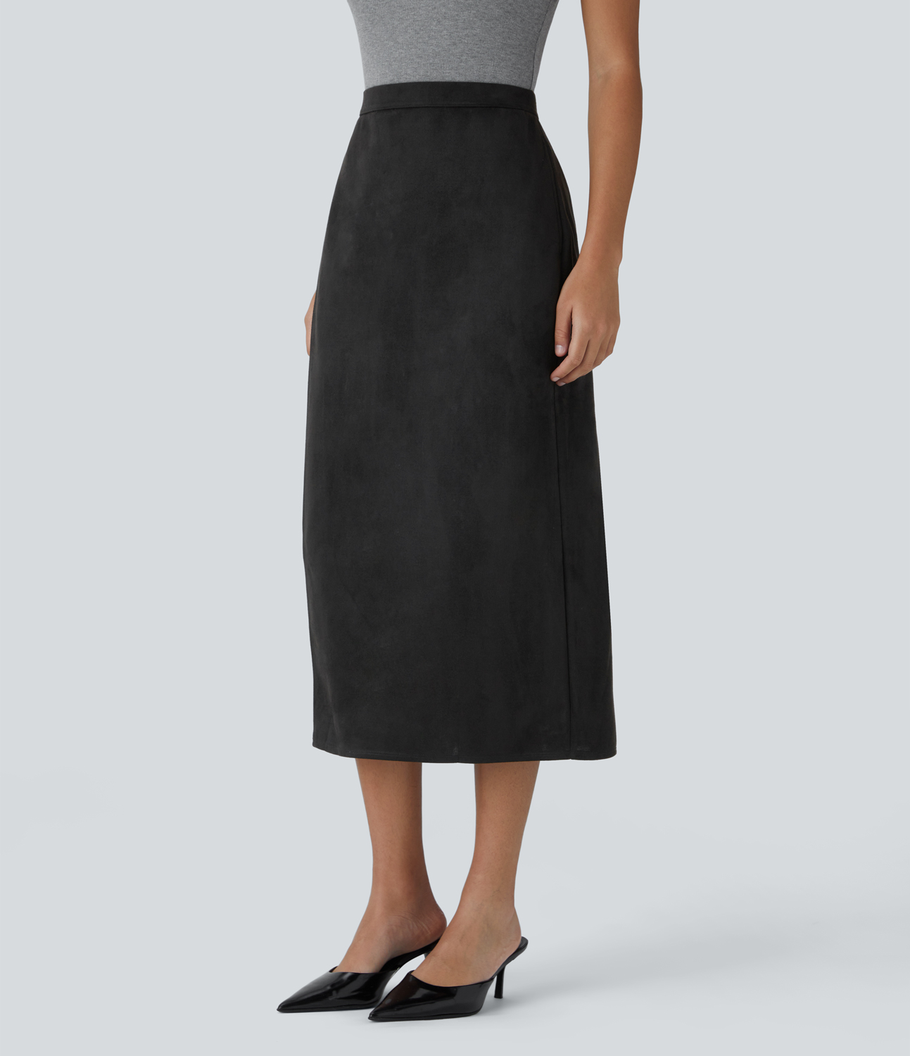 Halara High Waisted Side Pocket Split Suede Midi Work Skirt  - Black - L(regular) 