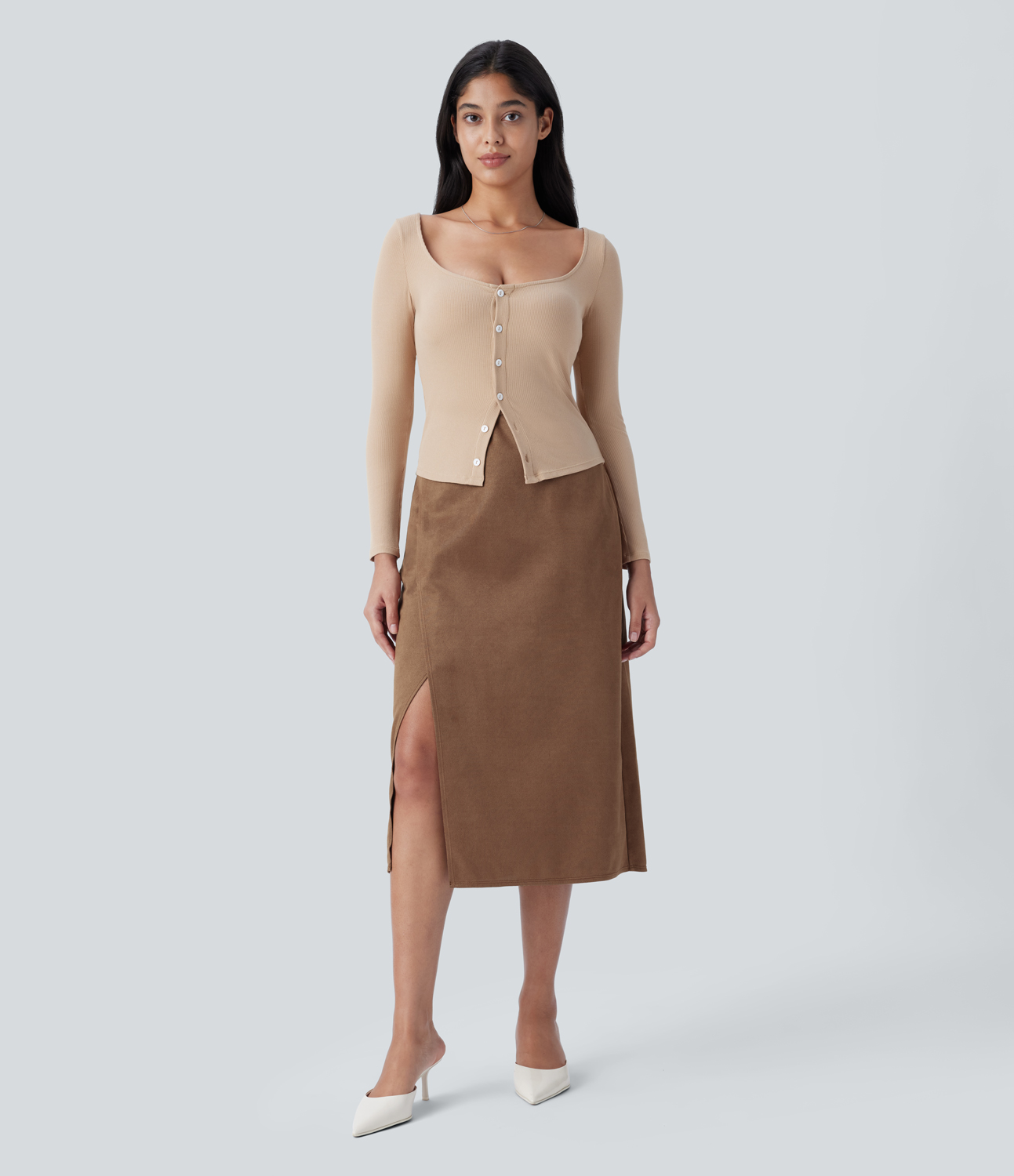 Halara High Waisted Side Pocket Split Suede Midi Work Skirt  - Pecan Pie - S(regular) 