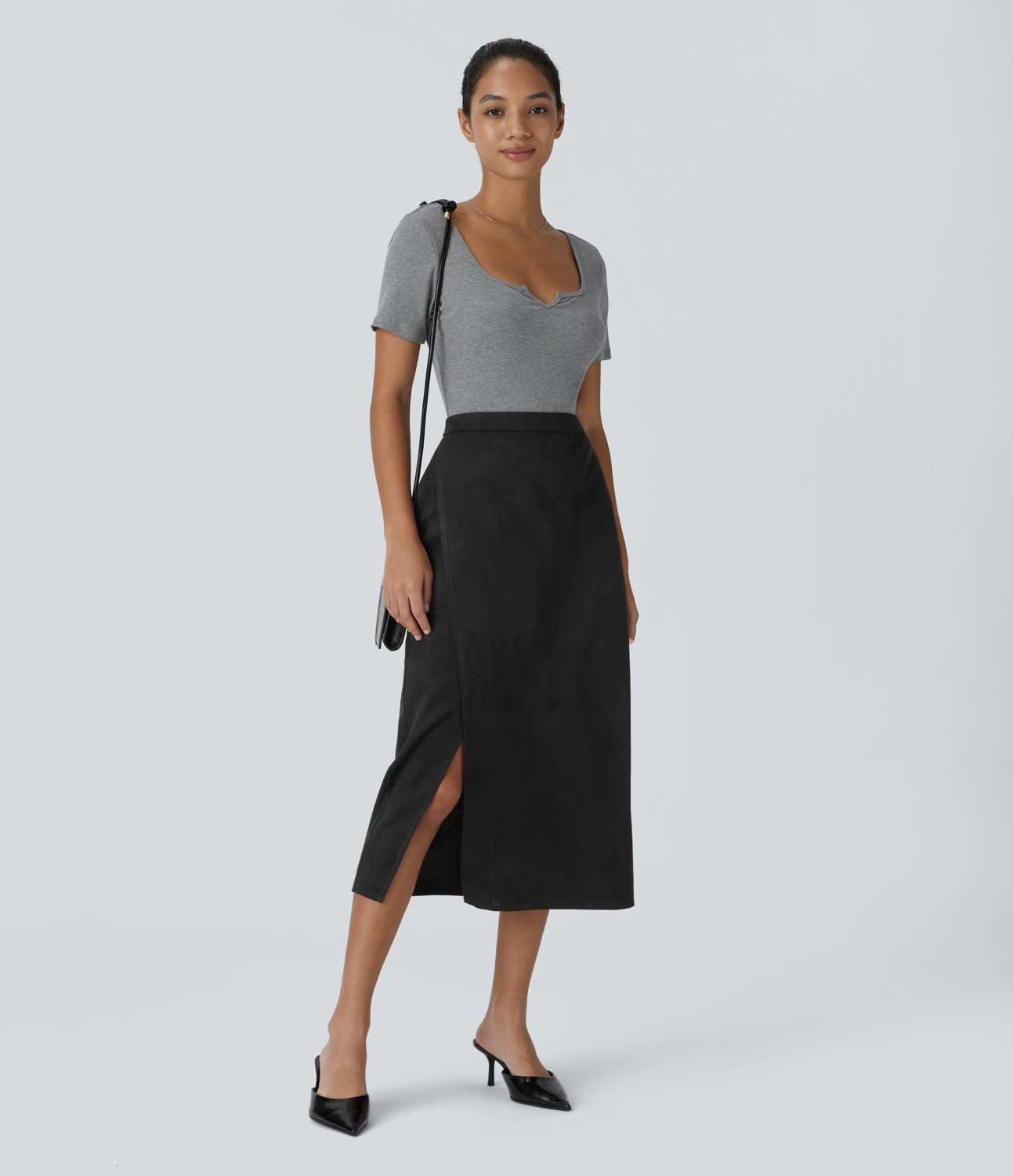 Halara High Waisted Side Pocket Split Suede Midi Work Skirt  - Black - L(regular) 