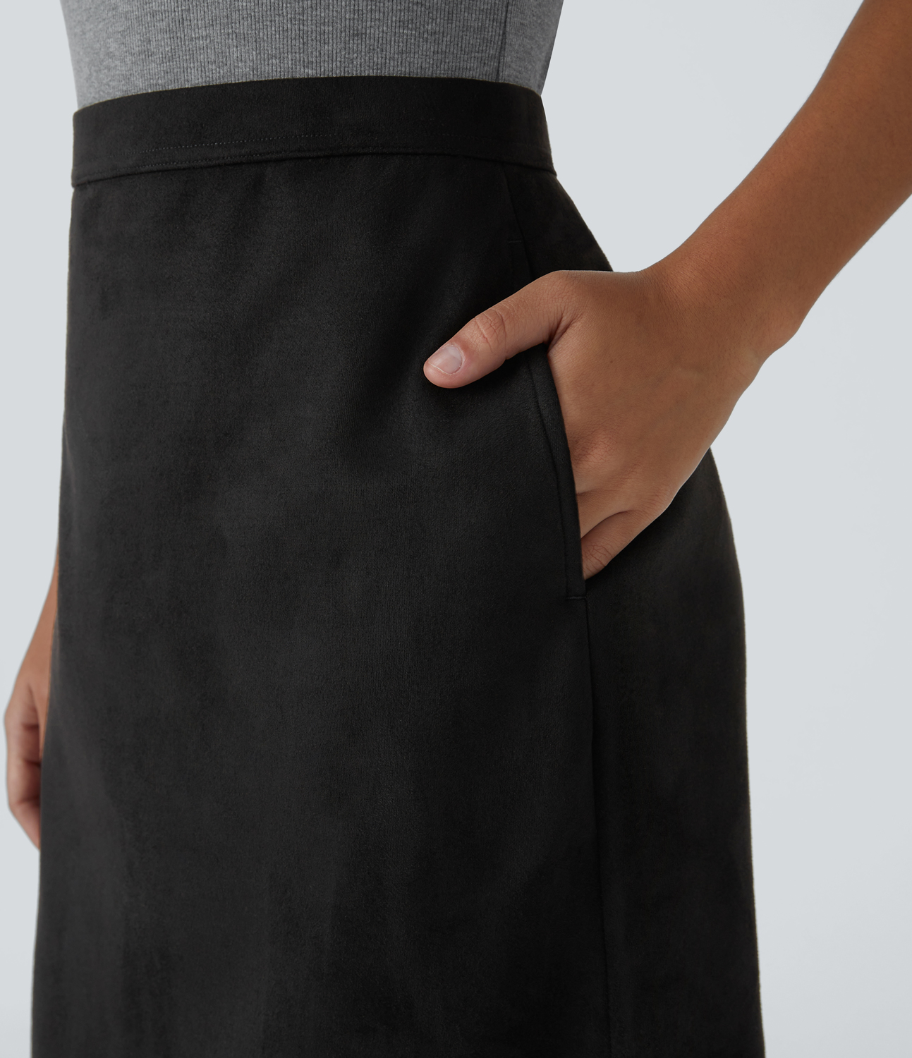 Halara High Waisted Side Pocket Split Suede Midi Work Skirt  - Black - L(regular) 
