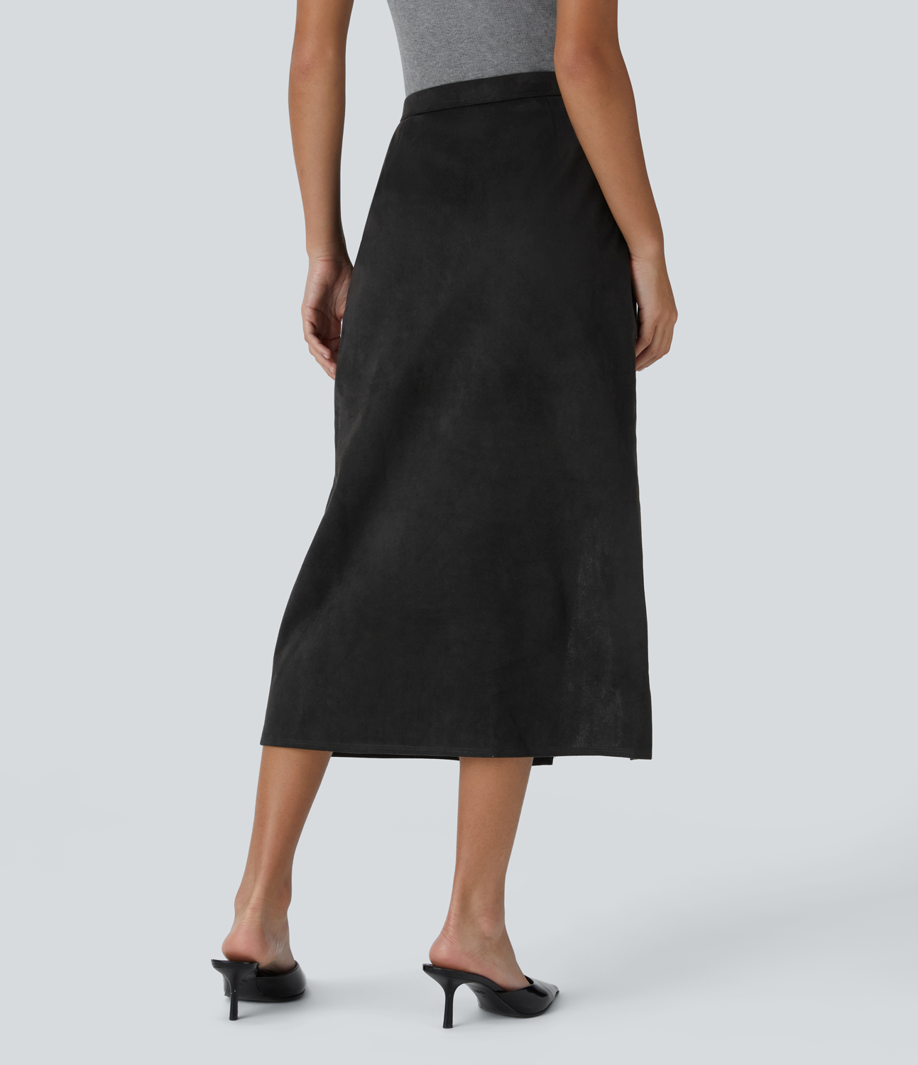 Halara High Waisted Side Pocket Split Suede Midi Work Skirt  - Black - L(regular) 