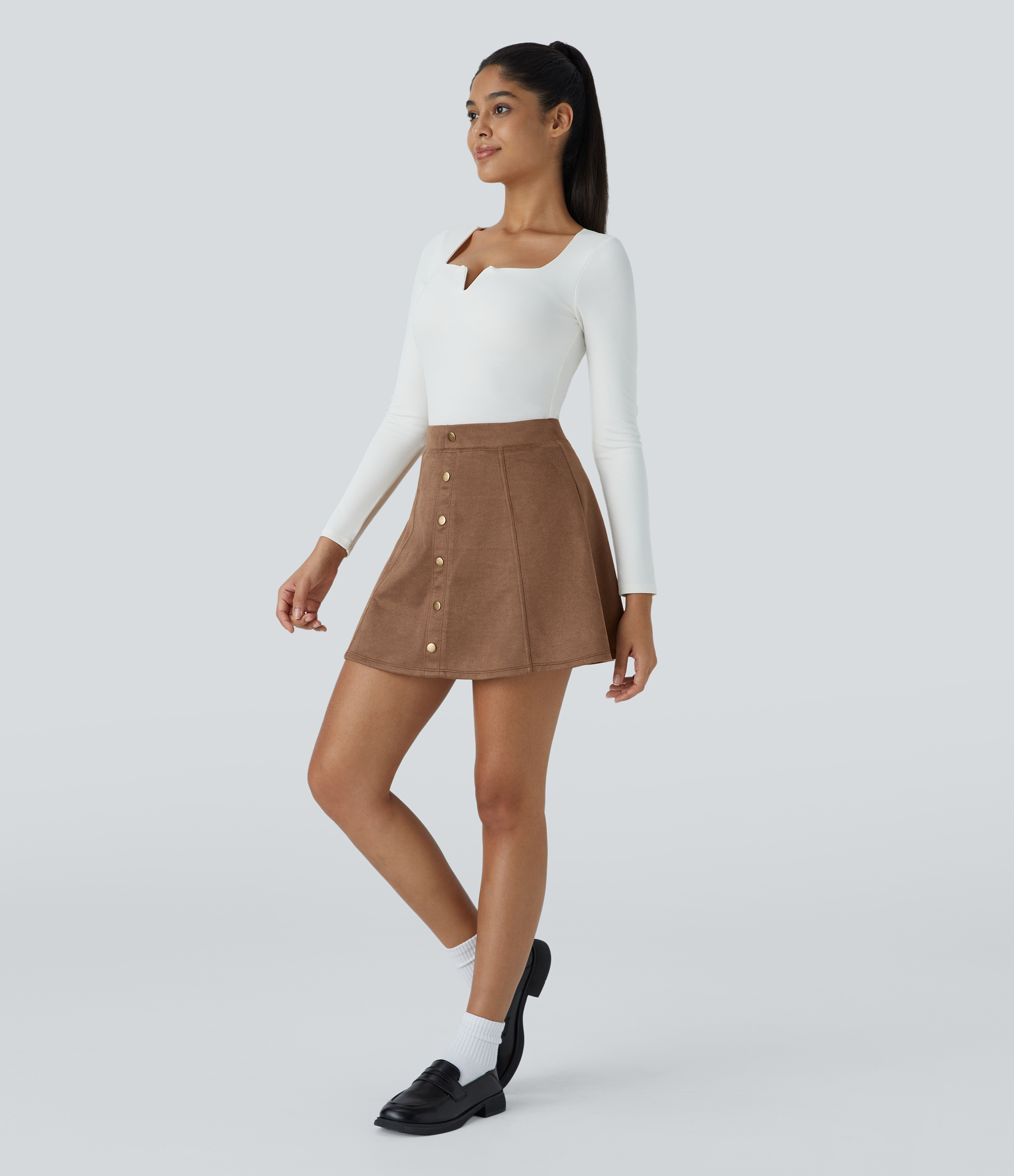 Halara High Waisted Decorative Button 2-in-1 A Line Suede Mini Casual Skirt  - Pecan Pie - S(regular) 