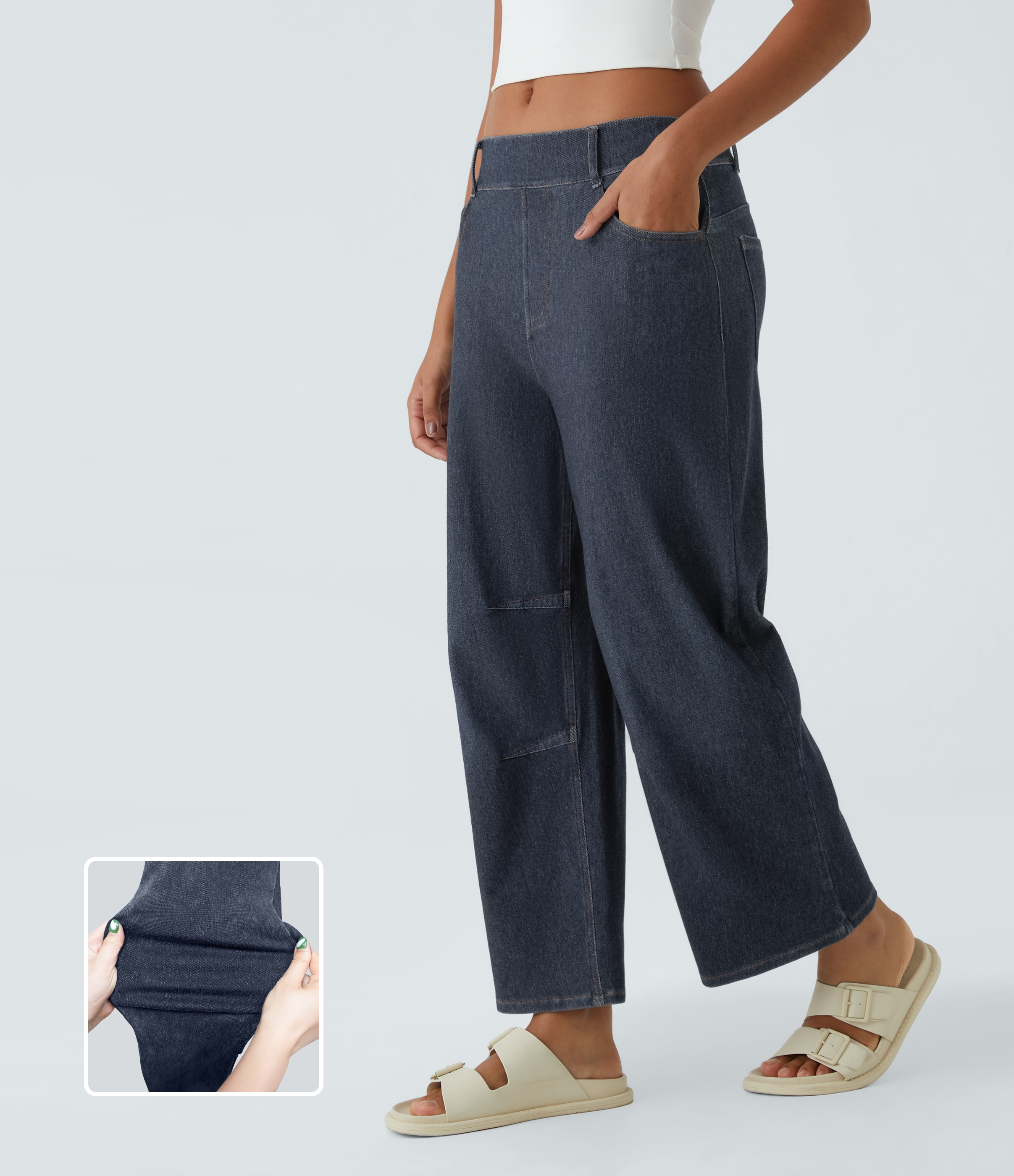 Halara HalaraMagicв„ў Mid Rise Multiple Pockets Stretchy Knit Work Tapered Jeans  - Denim Indigo - M(regular) sweatpants jogger pants 