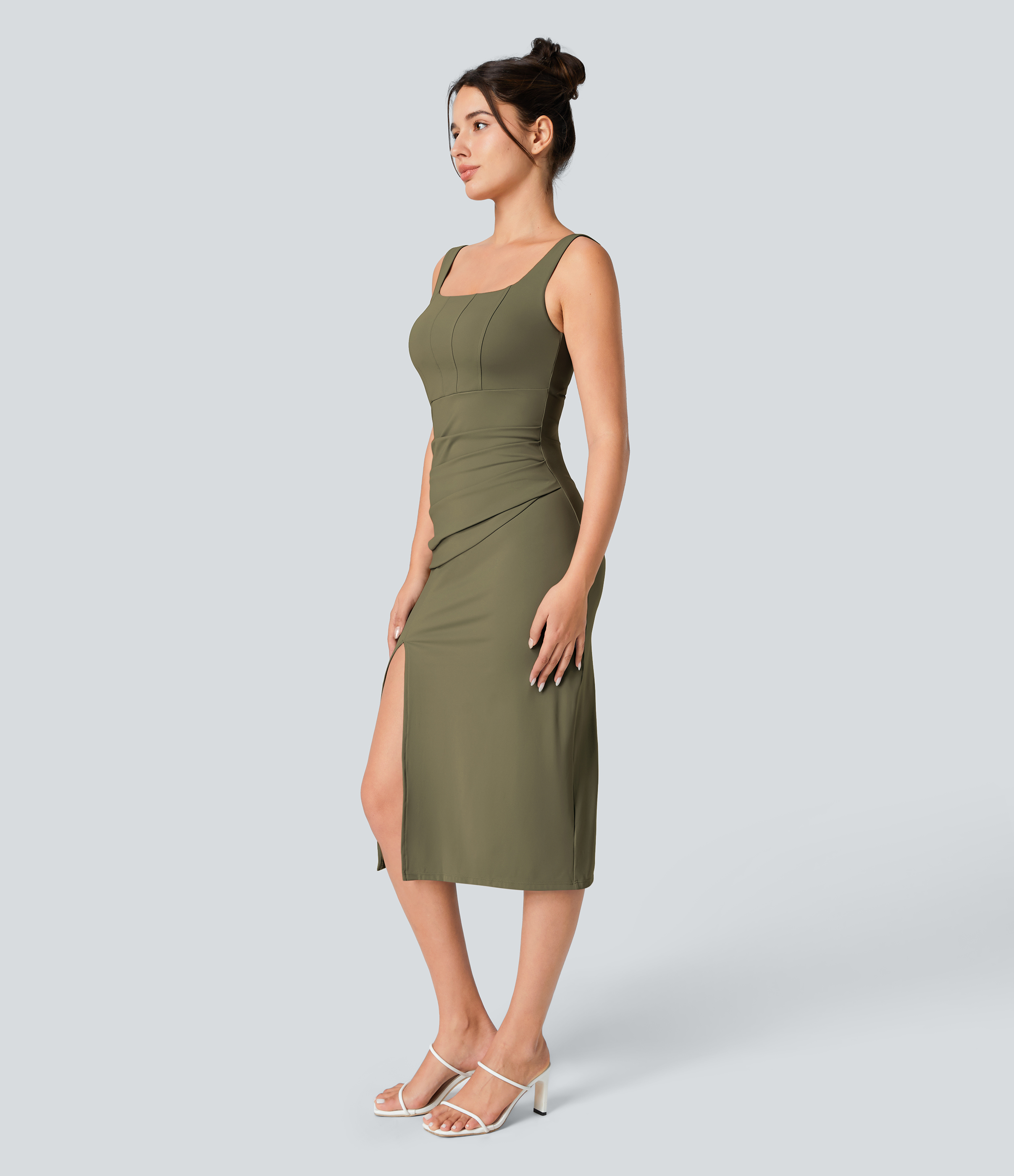 Halara Square Neck Backless Corset Ruched Split Bodycon Midi Casual Dress Casual Dress - Withered Green - S slip dress beach dress 