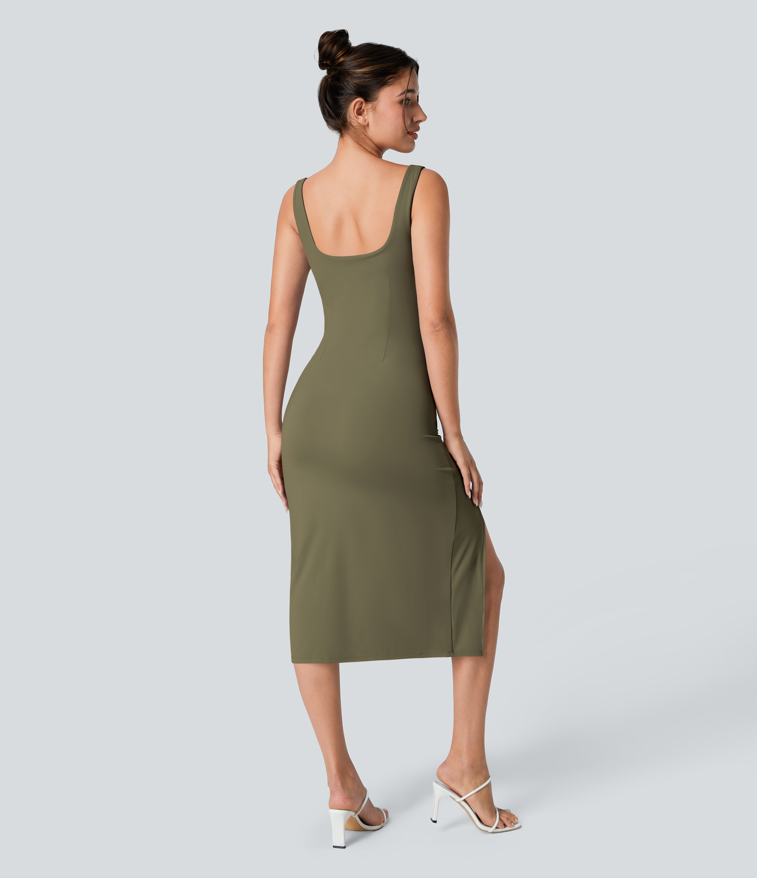 Halara Square Neck Backless Corset Ruched Split Bodycon Midi Casual Dress Casual Dress - Withered Green - S slip dress beach dress 