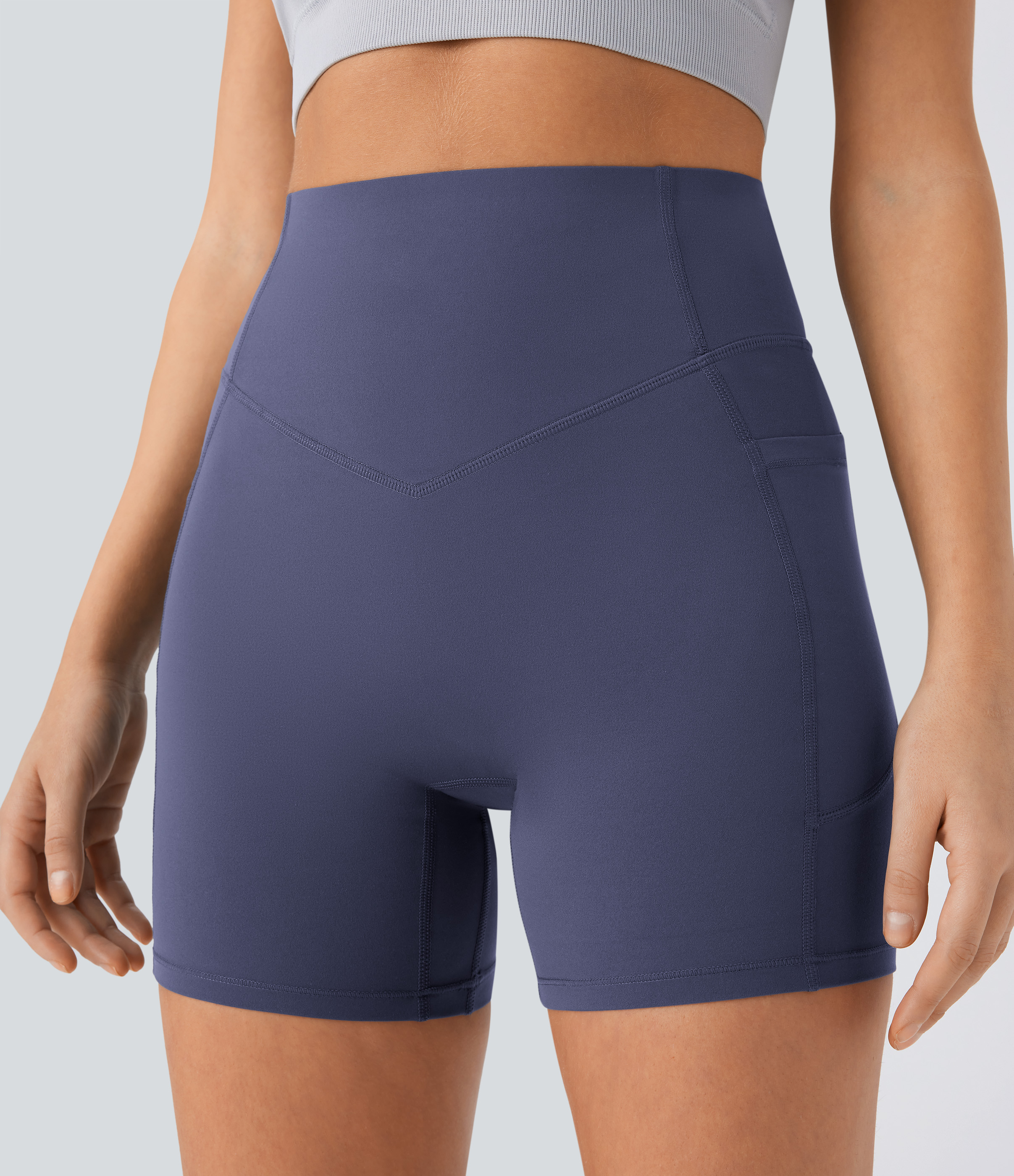 Halara SoCinched High Waisted Scrunch Butt Lifting Tummy Control Side Pocket Shaping Workout UltraSculpt Biker Shorts 5``  - Mood Indigo - L 
