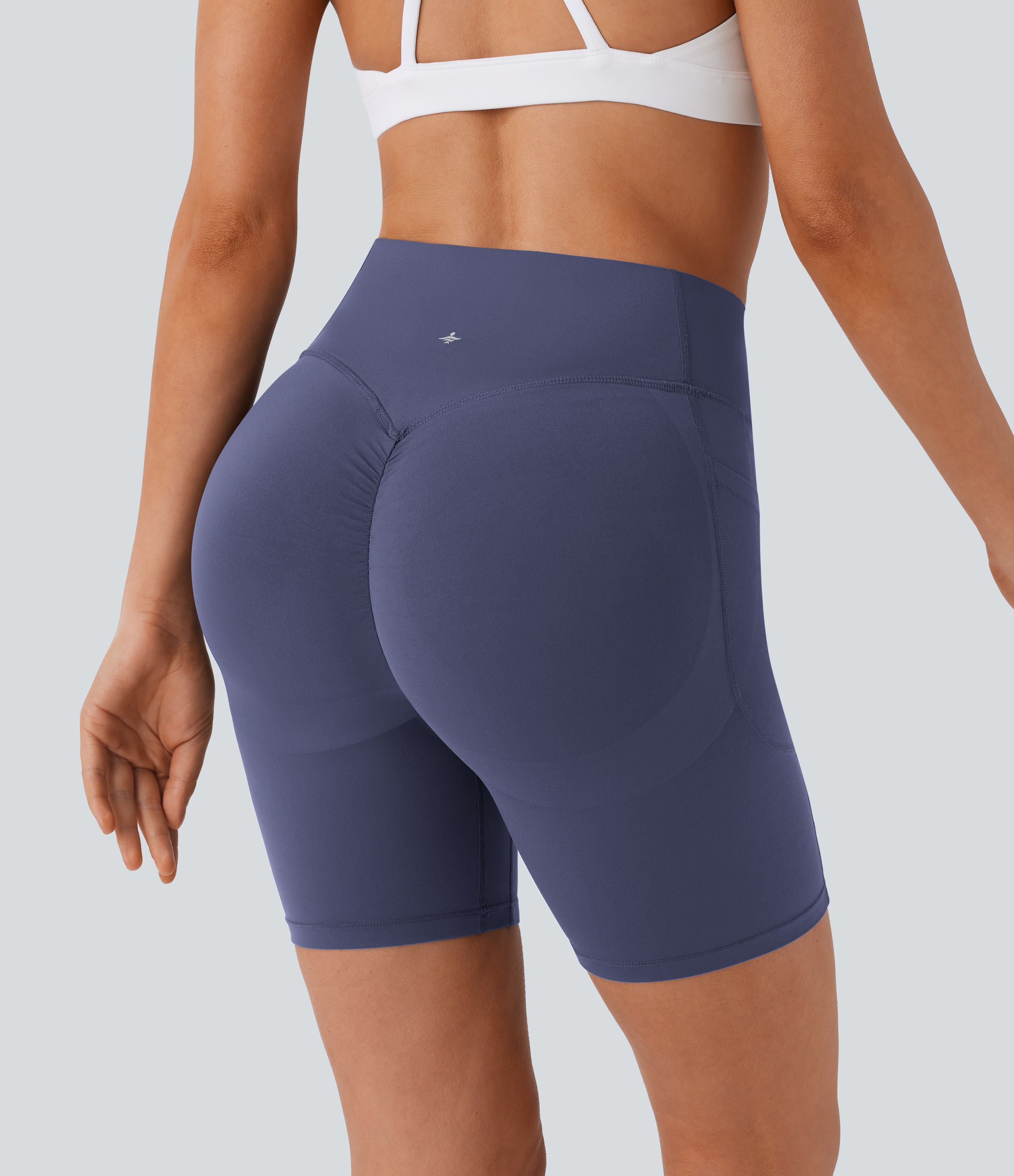 Halara SoCinched High Waisted Scrunch Butt Lifting Tummy Control Side Pocket Shaping Workout UltraSculpt Biker Shorts 7``  - Mood Indigo - M 