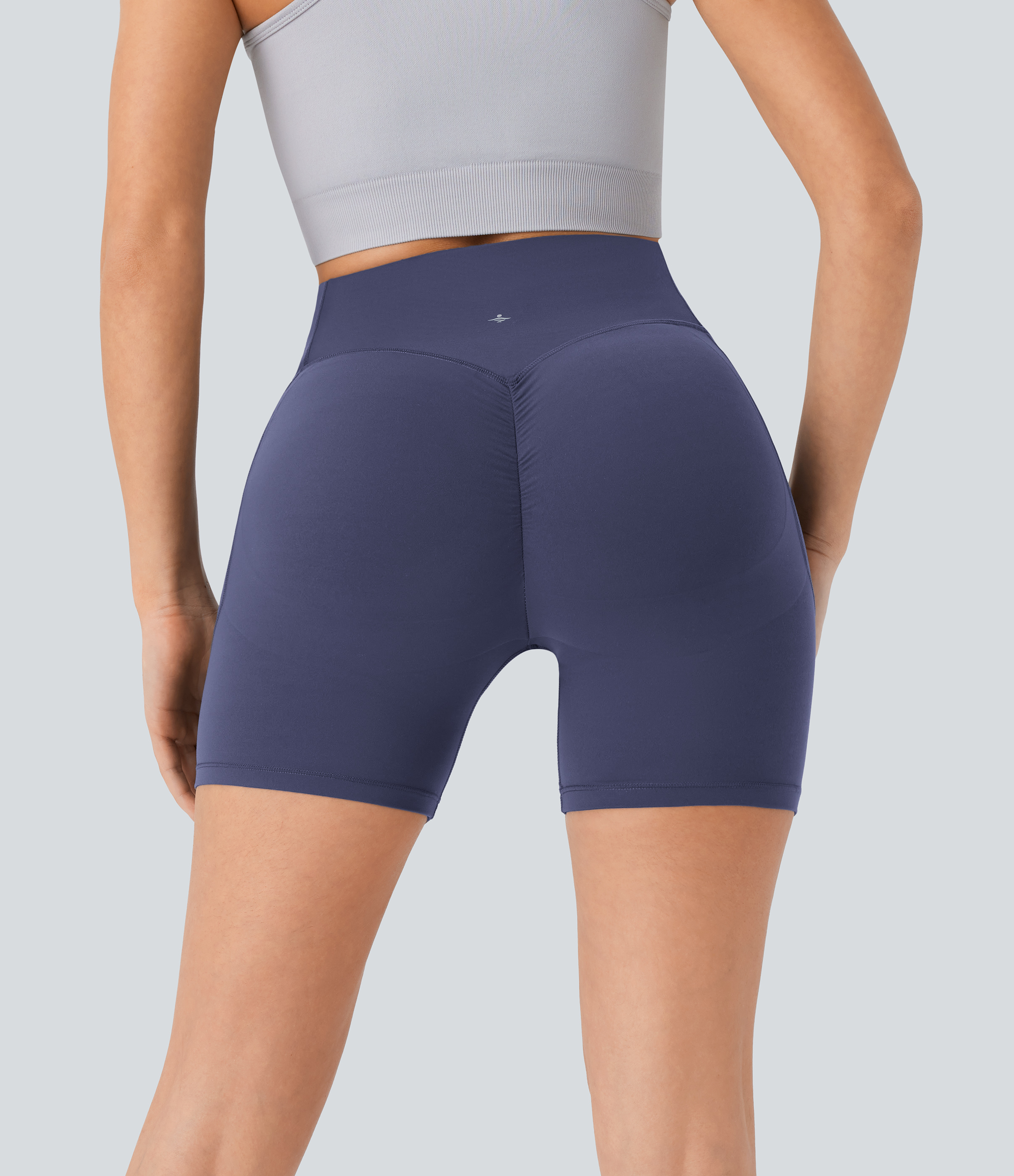 Halara SoCinched High Waisted Scrunch Butt Lifting Tummy Control Side Pocket Shaping Workout UltraSculpt Biker Shorts 5``  - Mood Indigo - L 
