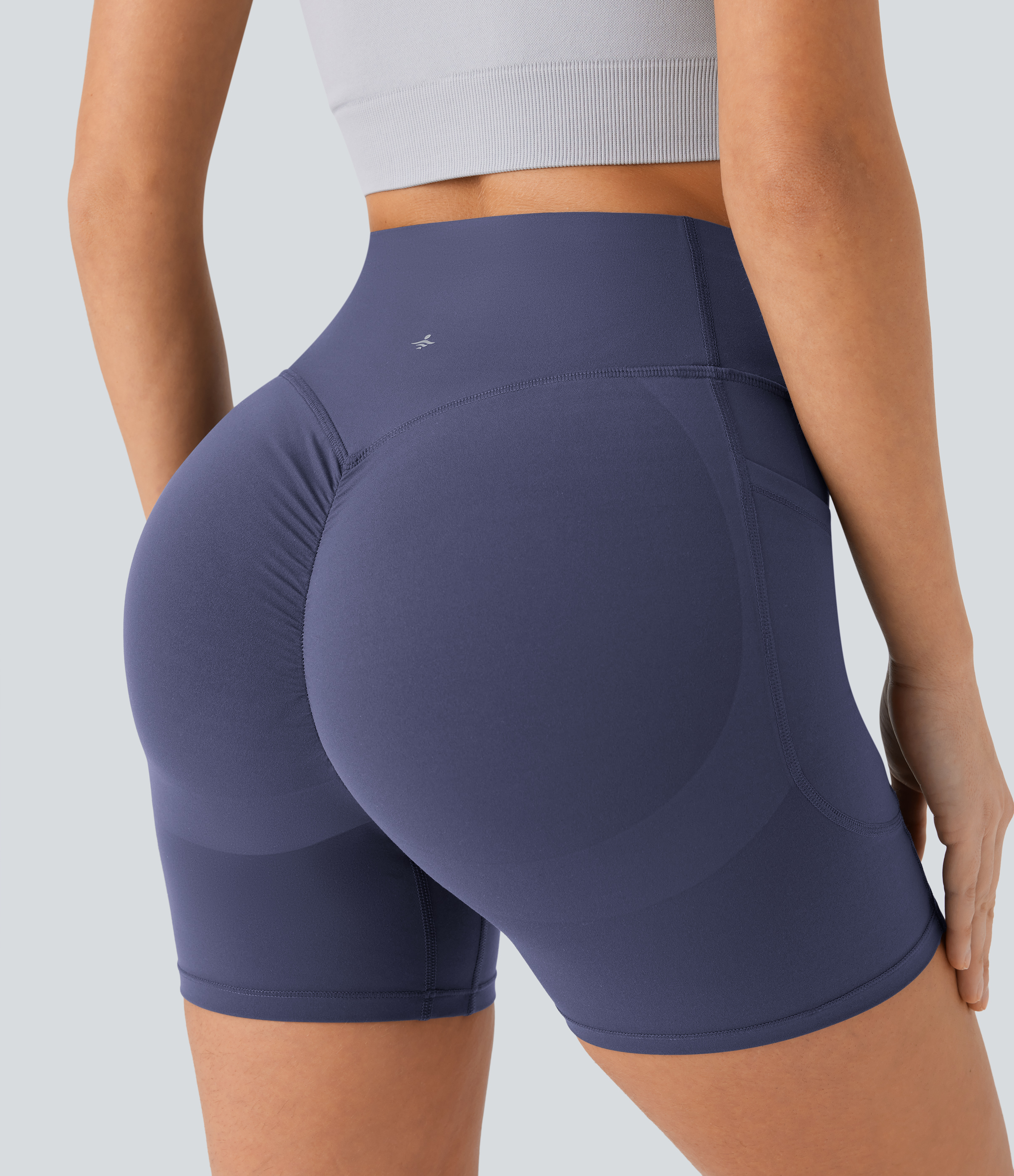 Halara SoCinched High Waisted Scrunch Butt Lifting Tummy Control Side Pocket Shaping Workout UltraSculpt Biker Shorts 5``  - Mood Indigo - L 