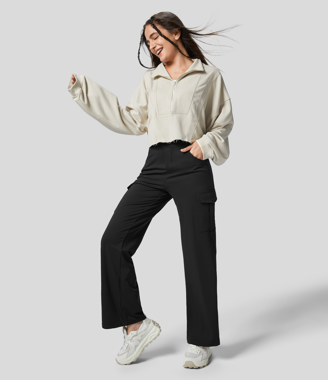 Halara Softlyzeroв„ў Eco High Waisted Button Zipper Multiple Pockets Casual Cargo Pants  - Black - L(regular) sweatpants jogger pants 