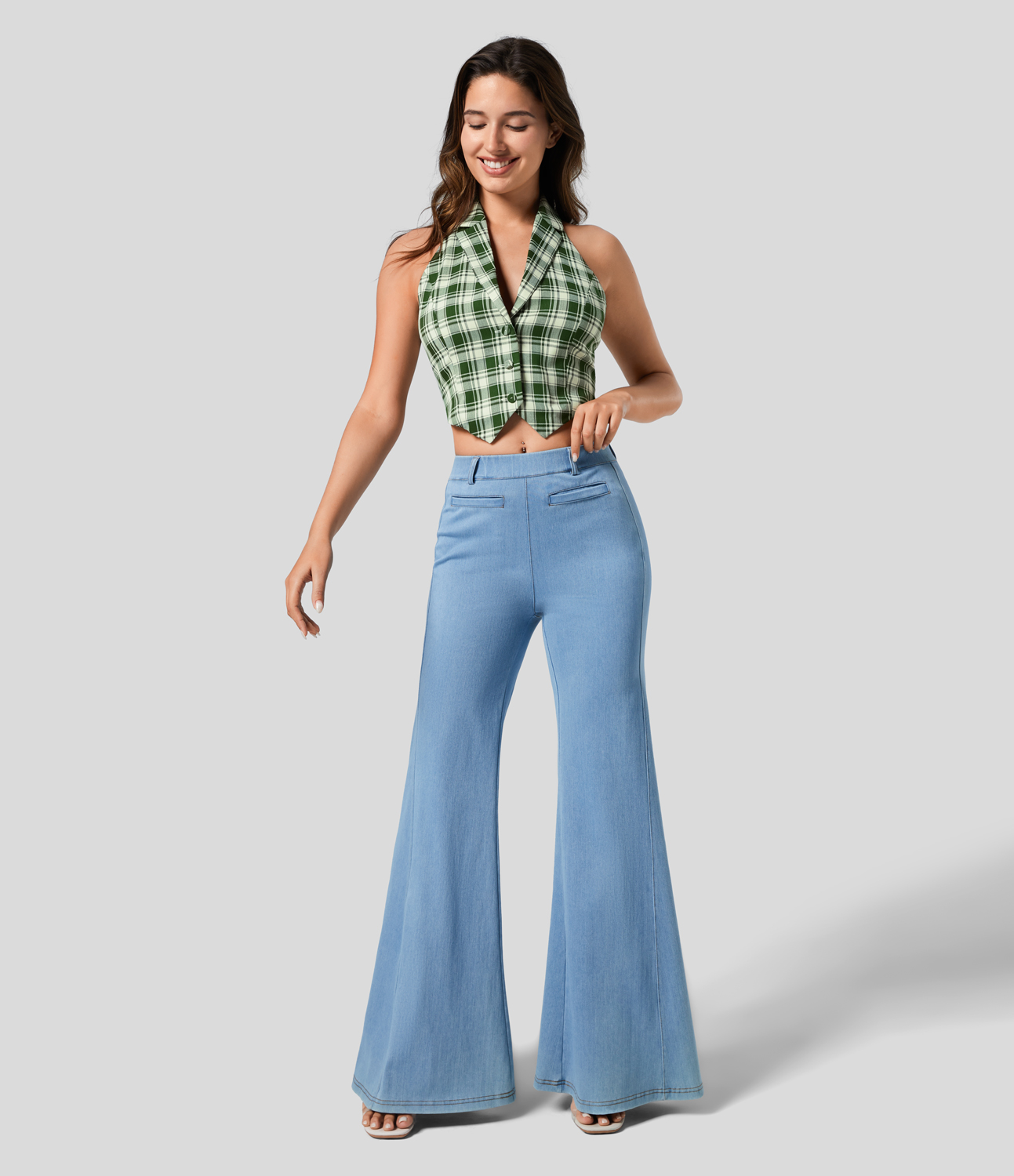 

Halara Halter Neck Notched Button Backless Plaid Cropped Casual Tank Top Tank Top - Green White Square -  golf tops halter top tunic tops