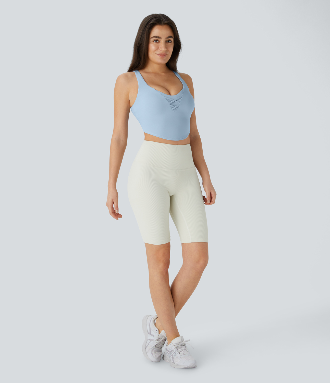 Halara  Softlyzeroв„ў Airy U Neck Crisscross Contrast Mesh Cropped Skinny Cool Touch Workout Tank Top-UPF50+ Tank Top - Angel Falls - M 
