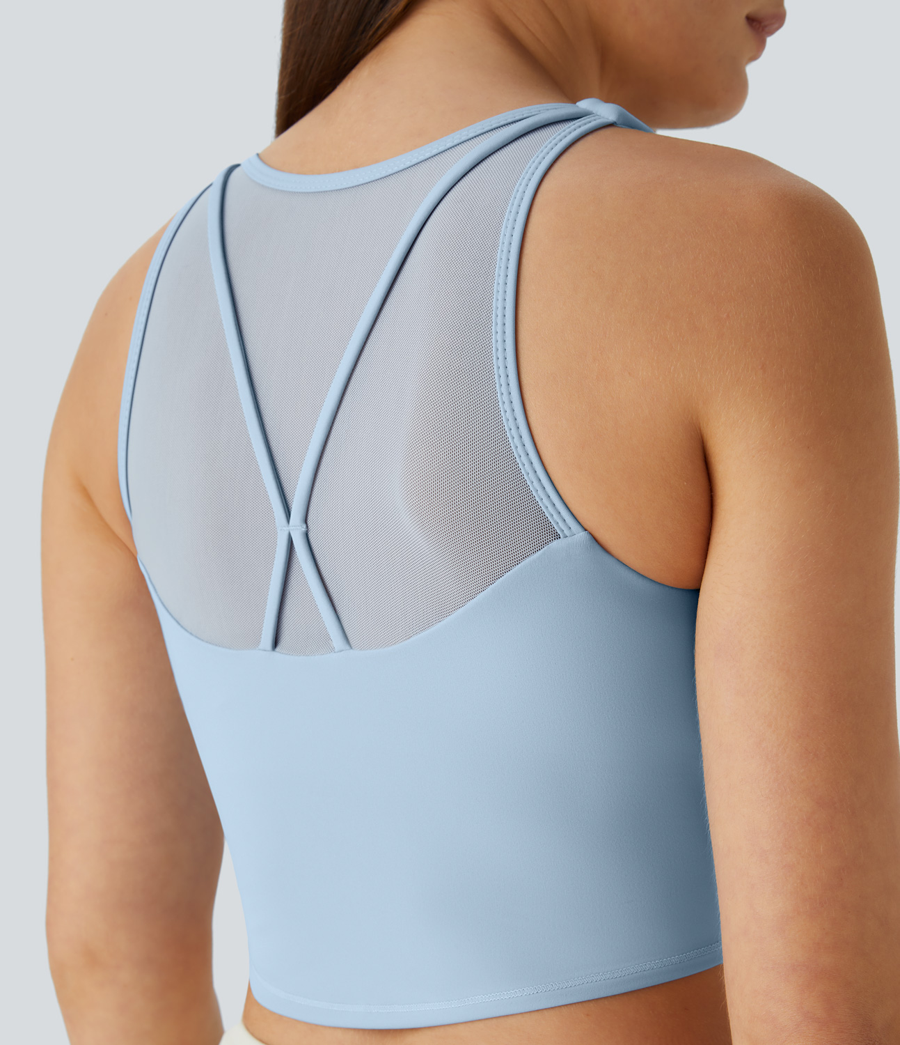 Halara  Softlyzeroв„ў Airy U Neck Crisscross Contrast Mesh Cropped Skinny Cool Touch Workout Tank Top-UPF50+ Tank Top - Angel Falls - M 