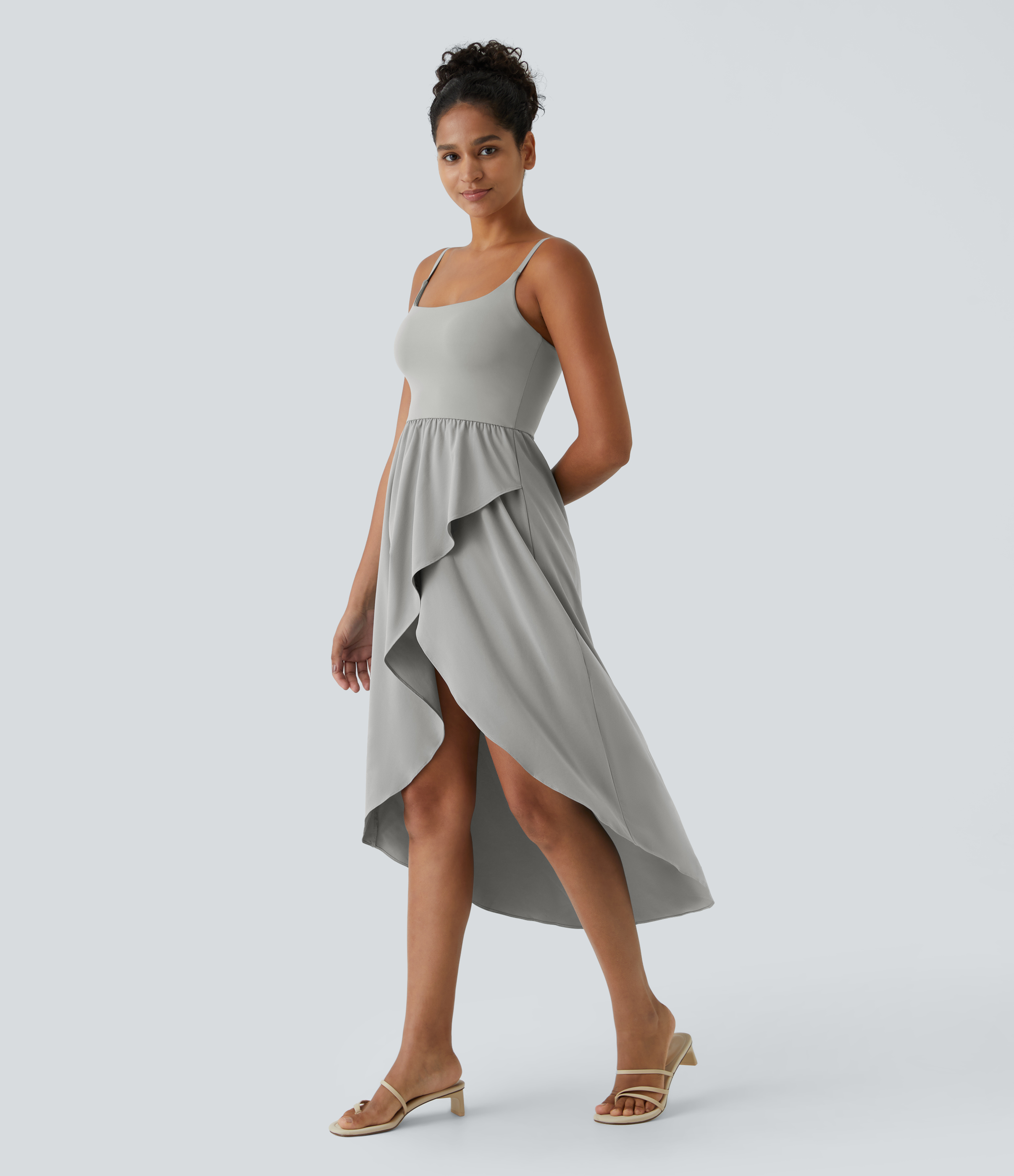 Halara Breezefulв„ў Backless Asymmetric Crossover Hem 2-Piece Side Pocket Flowy Midi Quick Dry Casual Dress Casual Dress - Greenish Grey - M 