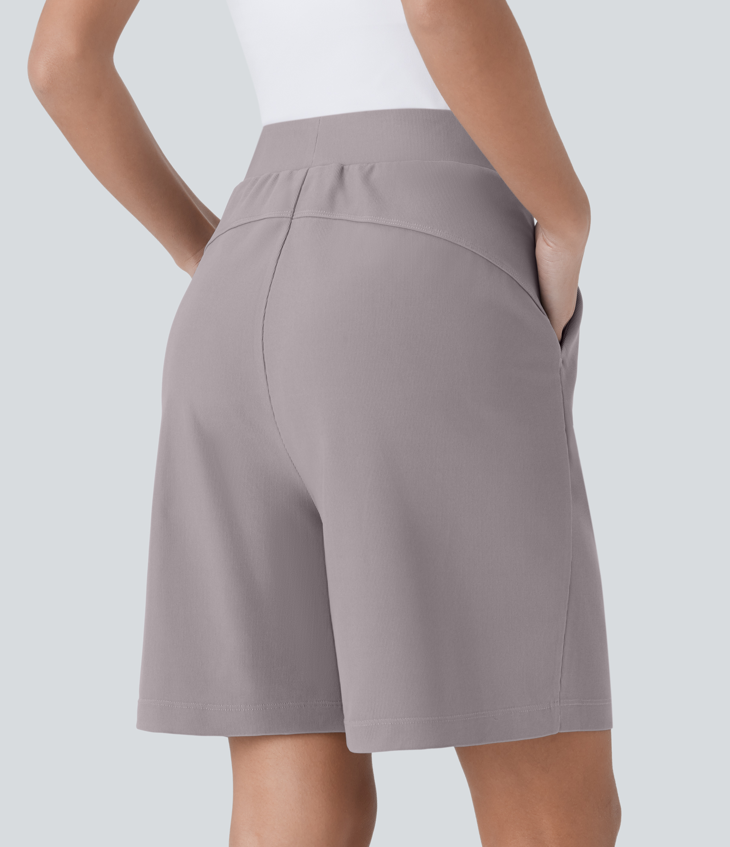 Halara High Waisted Body Sculpt Waist-Slimming Side Pocket Micro Waffle Work Shorts  - Satellite - M 
