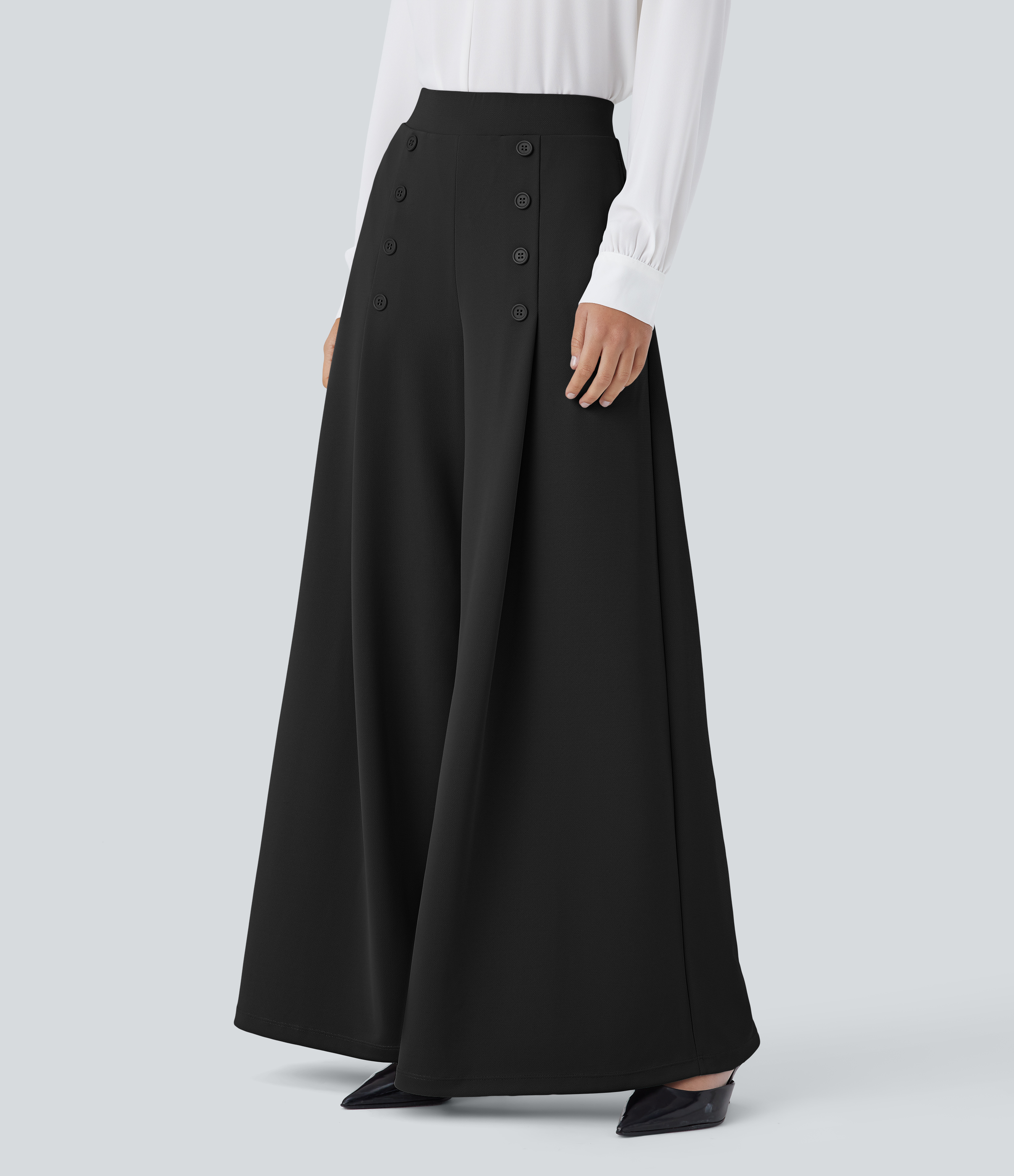 Halara High Waisted Decorative Button Side Pocket Palazzo Wide Leg Work Pants  - Black - XS(regular) sweatpants jogger pants 