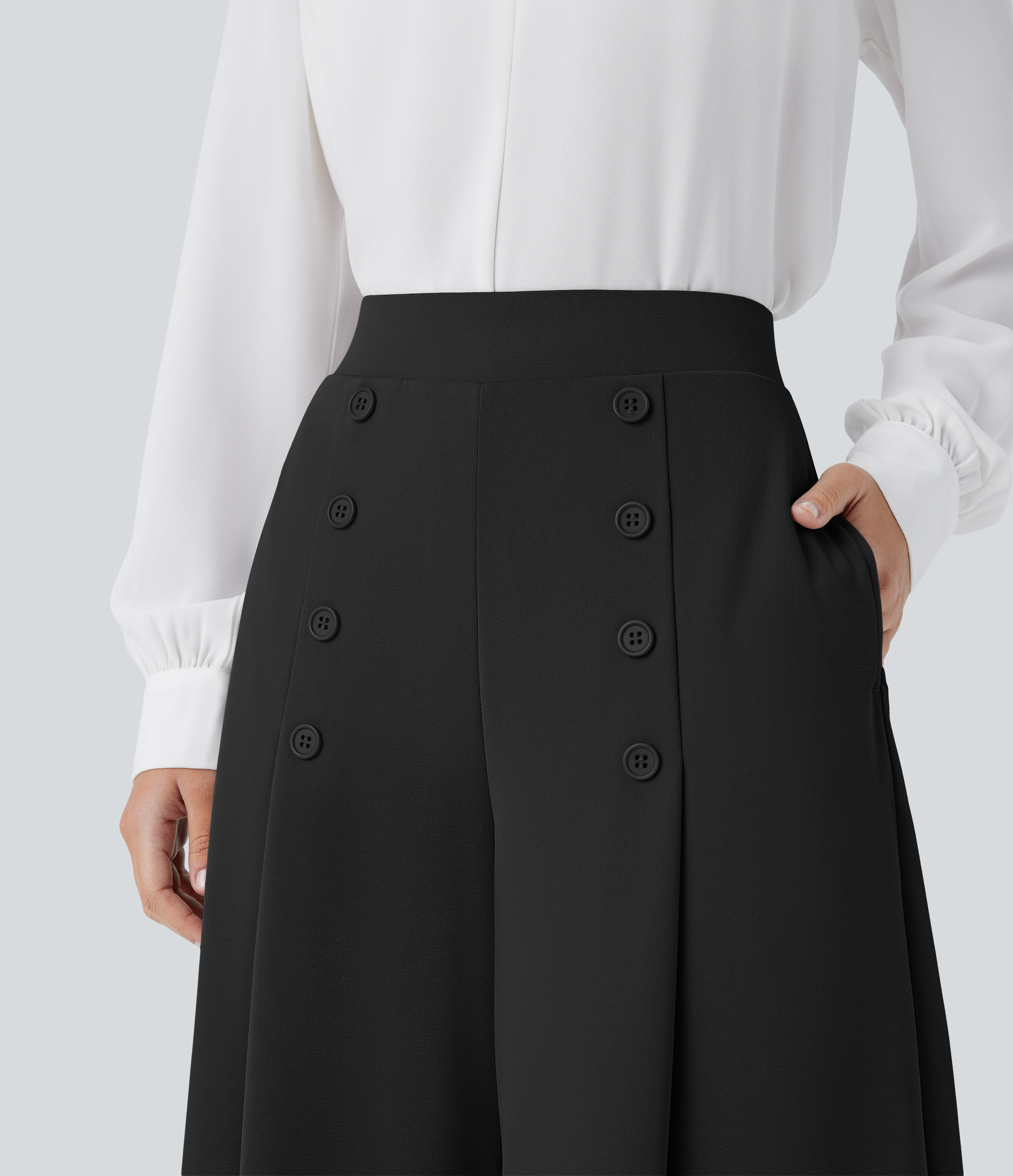 Halara High Waisted Decorative Button Side Pocket Palazzo Wide Leg Work Pants  - Black - XS(regular) sweatpants jogger pants 
