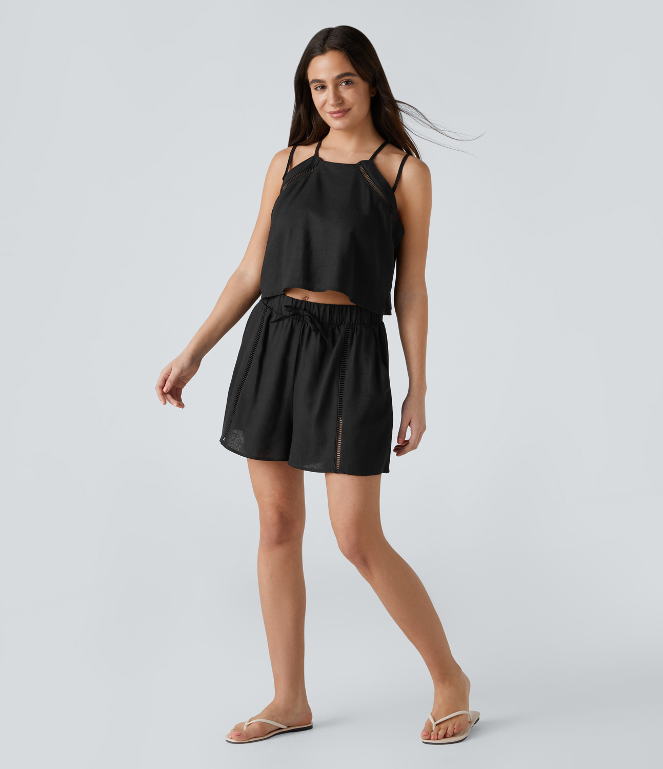 Halara Mid Rise Drawstring Side Pocket 2-in-1 Casual Linen-Blend Shorts  - Black - XS 