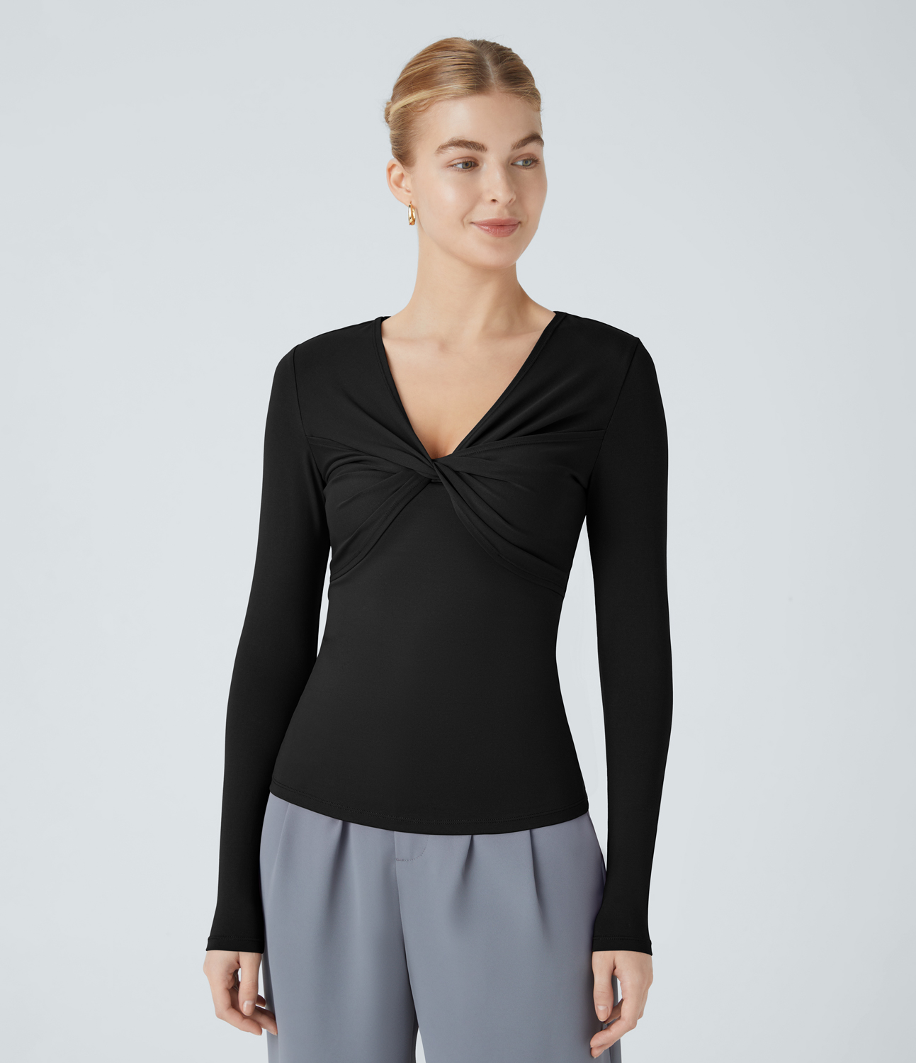 Halara V Neck Twisted Long Sleeve Work Top Tank Top - Black - XS golf tops halter top tunic tops sleeveless tops backless top 