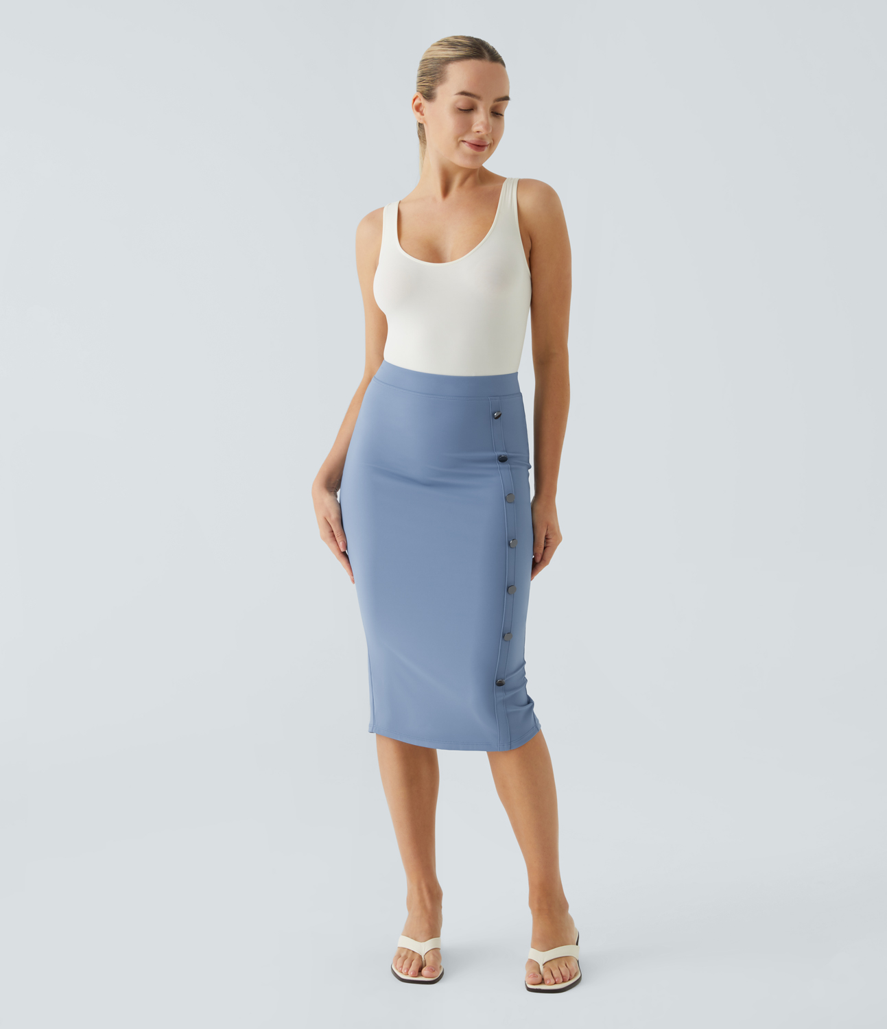 Halara Softlyzeroв„ў Airy High Waisted Decorative Button Split Bodycon Cool Touch Midi Casual Skirt-UPF50+  - Endless Sky - XS(regular) 
