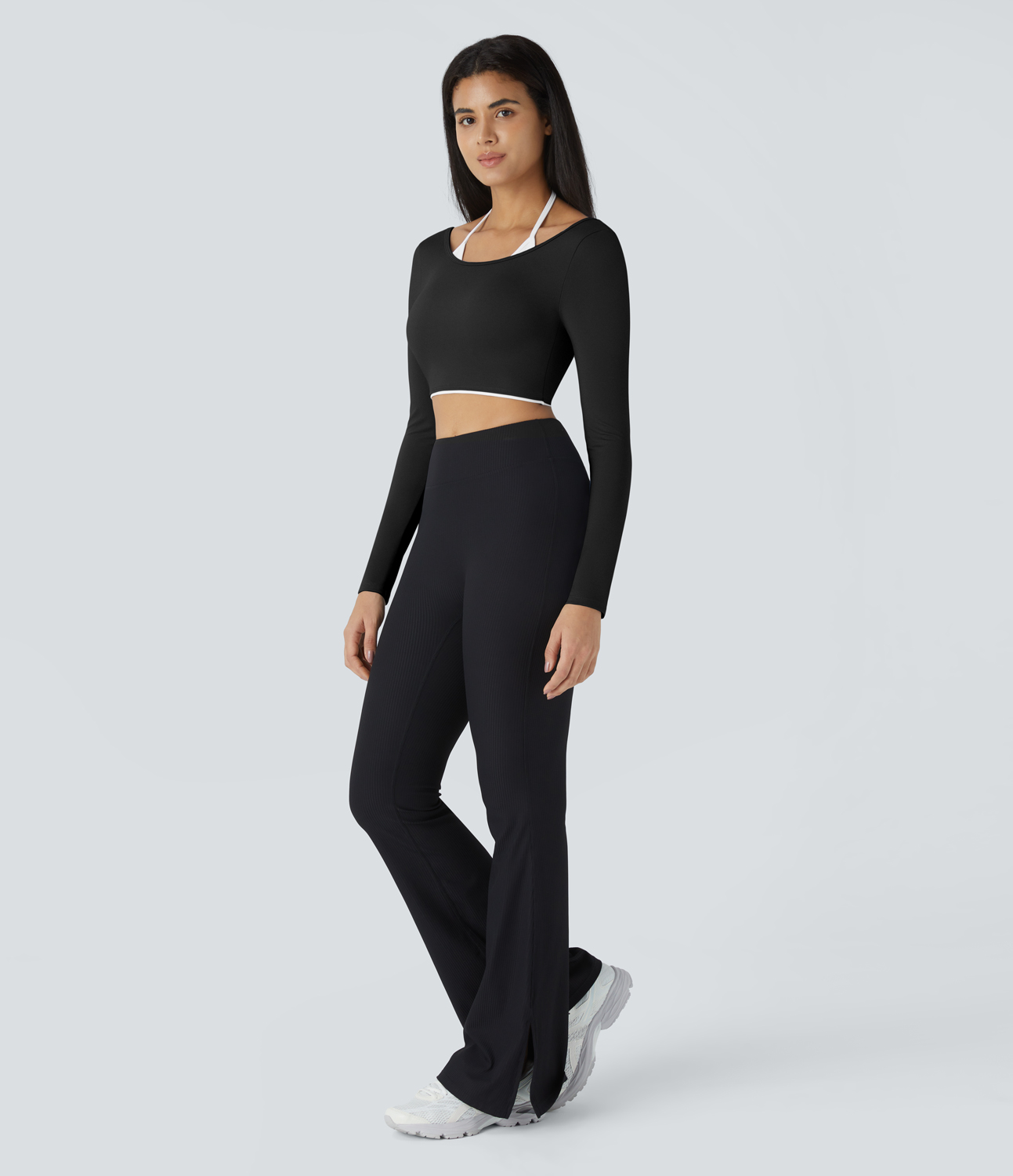 Halara Softlyzeroв„ў Airy Halter Backless Long Sleeve Color Block Cropped Yoga Sports Top-UPF50+  - Carbon Black - XS 