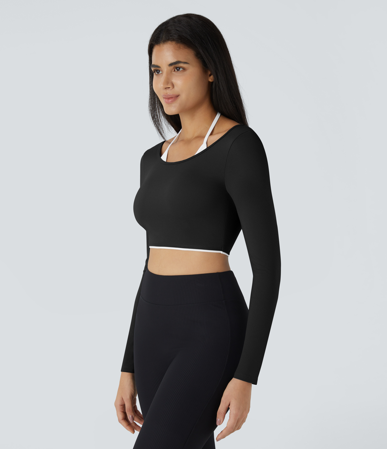 Halara Softlyzeroв„ў Airy Halter Backless Long Sleeve Color Block Cropped Yoga Sports Top-UPF50+  - Carbon Black - XS 