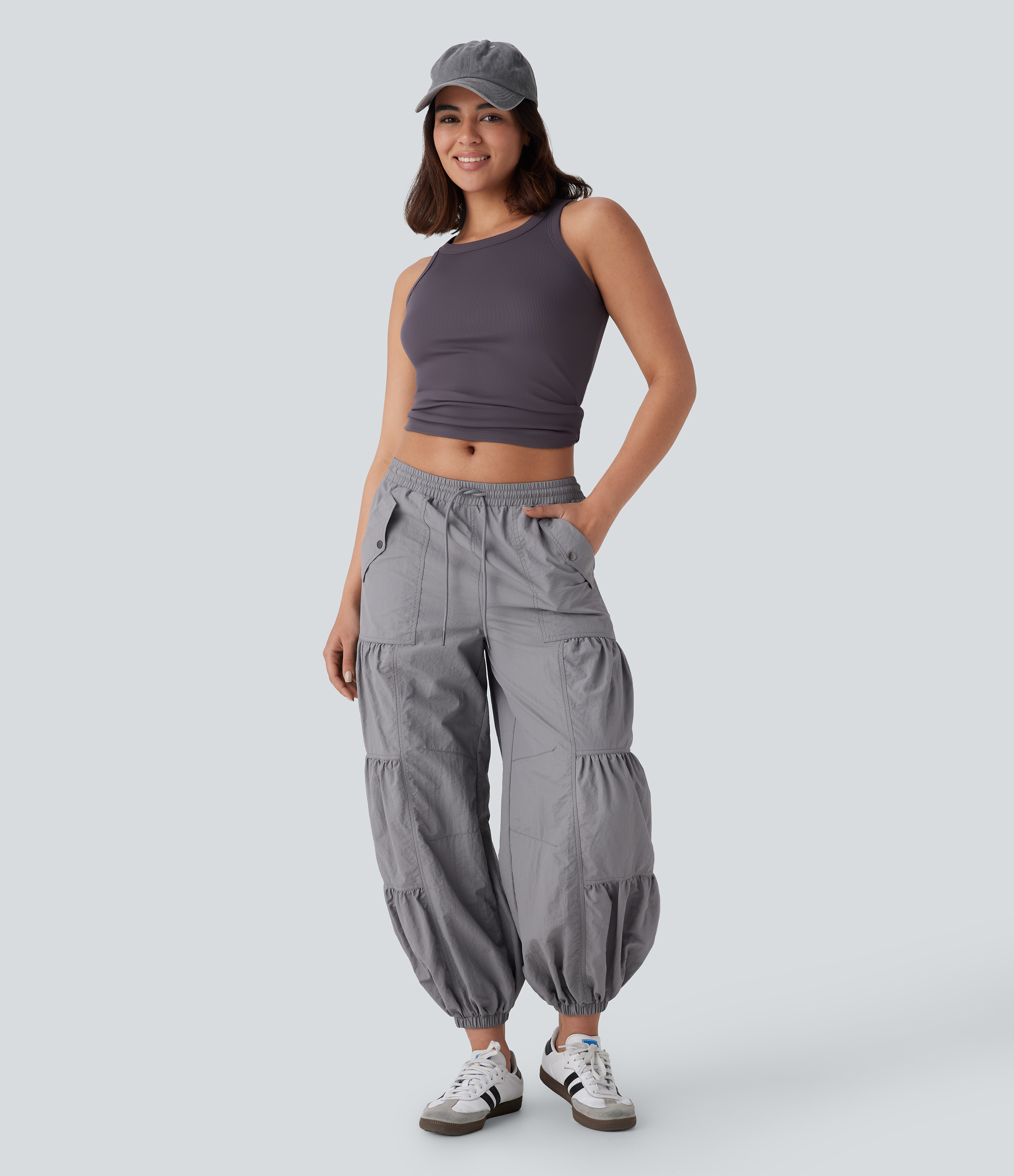 Halara Mid Rise Drawstring Side Pocket Ruched Parachute Casual Cargo Joggers  - Wet Weather - M(regular) 