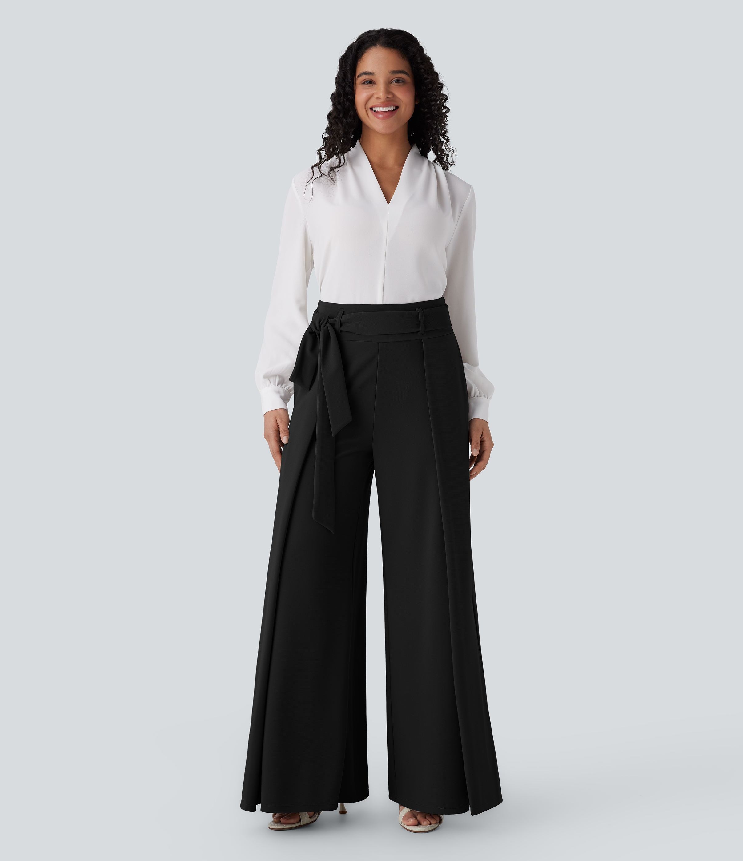 Halara Halara Flexв„ў High Waisted Belted Side Pocket Wide Leg Micro Waffle Work Pants  - Black - XL(regular) sweatpants jogger pants 