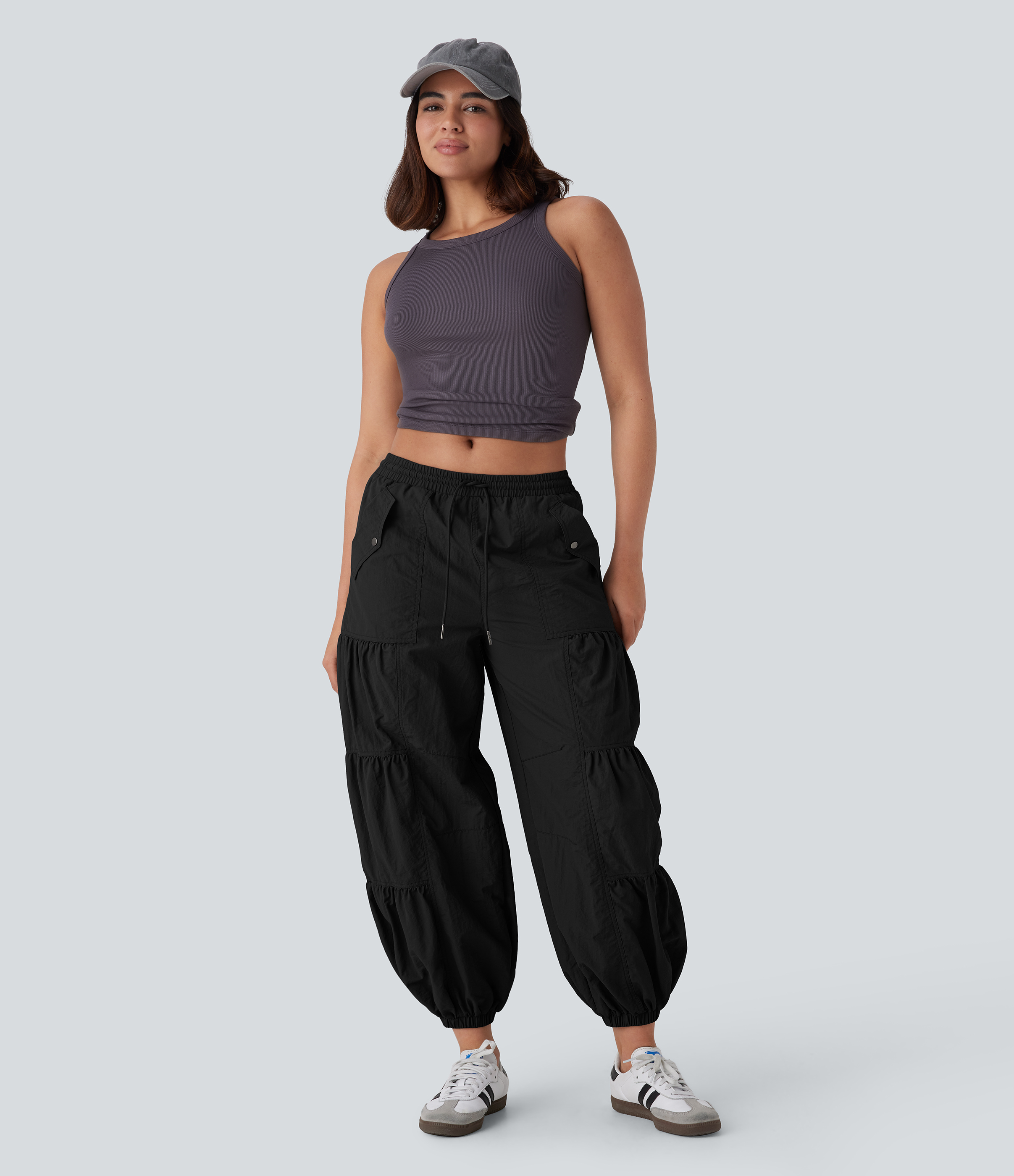 Halara Mid Rise Drawstring Side Pocket Ruched Parachute Casual Cargo Joggers  - Black - XS(regular) 