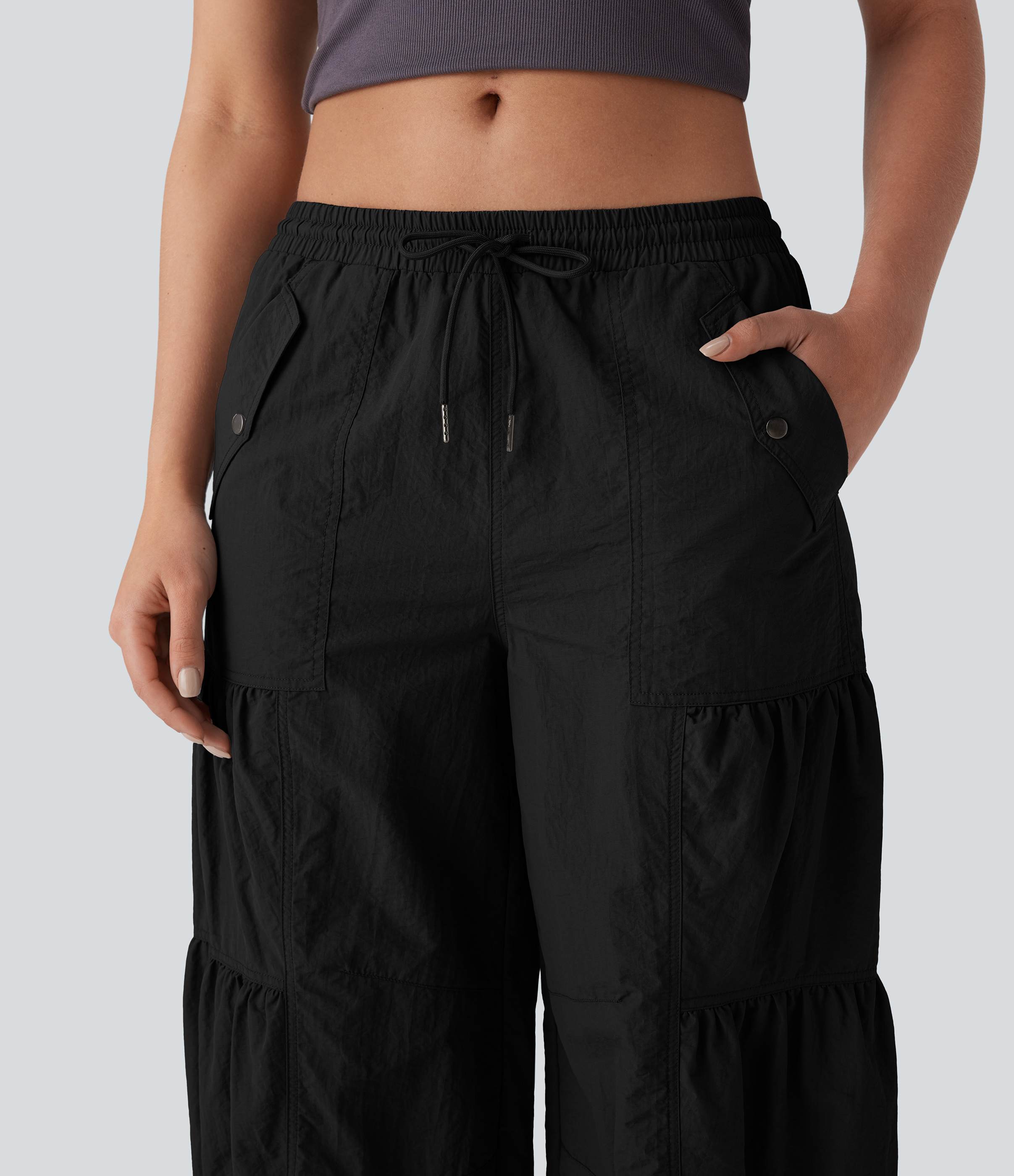 Halara Mid Rise Drawstring Side Pocket Ruched Parachute Casual Cargo Joggers  - Black - XS(regular) 