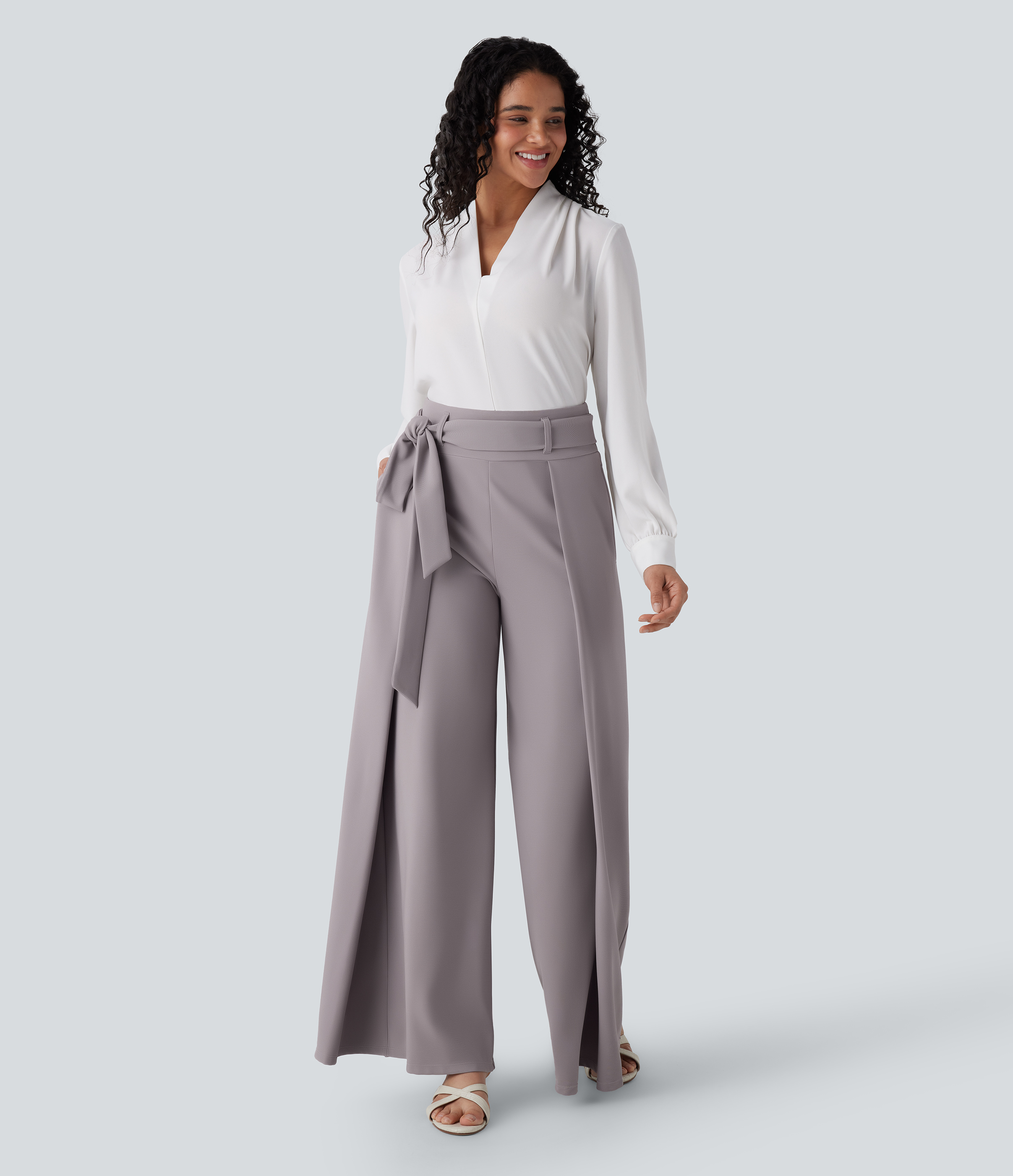 Halara Halara Flexв„ў High Waisted Belted Side Pocket Wide Leg Micro Waffle Work Pants  - Satellite - XS(regular) sweatpants jogger pants 