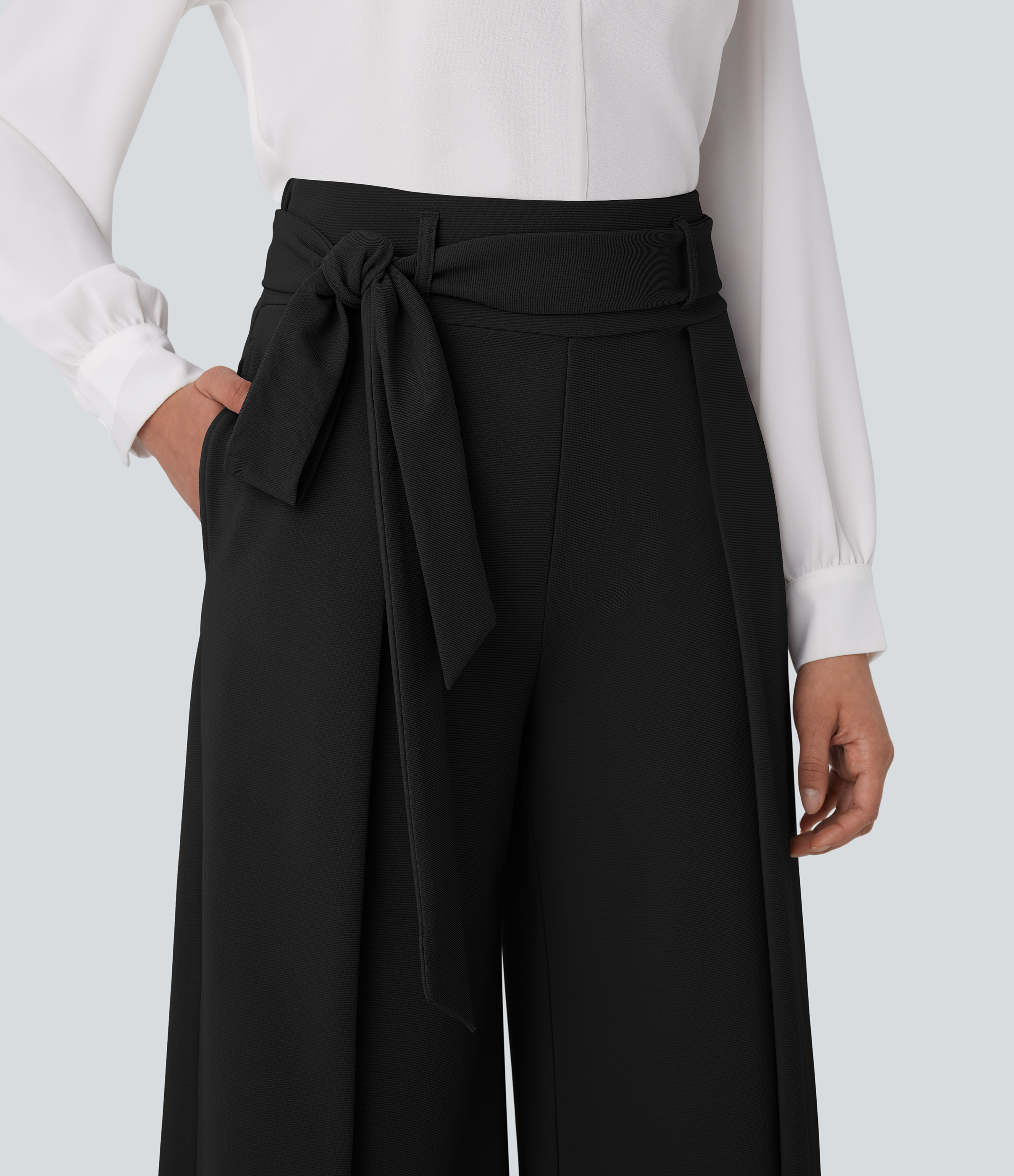 Halara Halara Flexв„ў High Waisted Belted Side Pocket Wide Leg Micro Waffle Work Pants  - Black - XL(regular) sweatpants jogger pants 