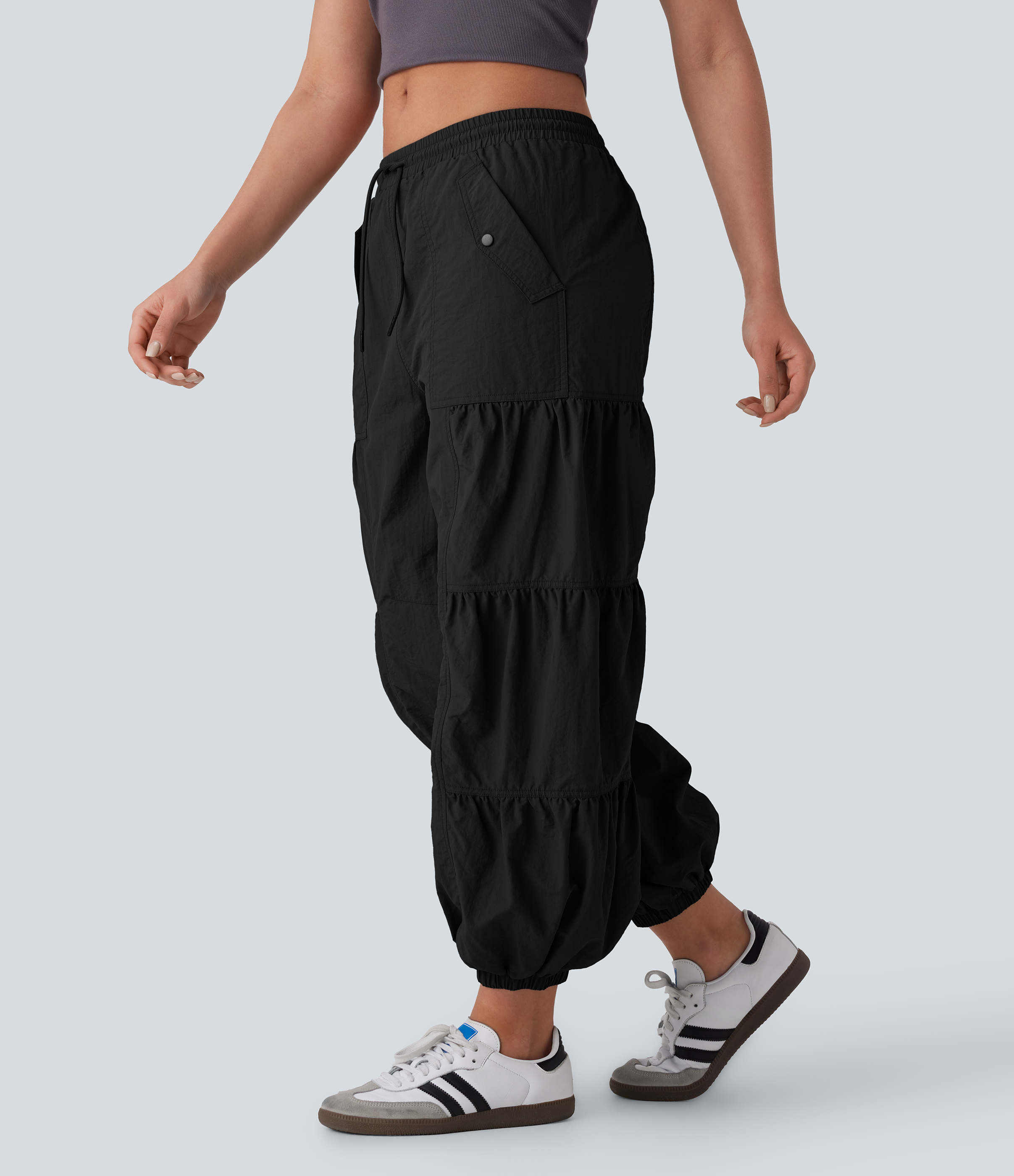 Halara Mid Rise Drawstring Side Pocket Ruched Parachute Casual Cargo Joggers  - Black - XS(regular) 