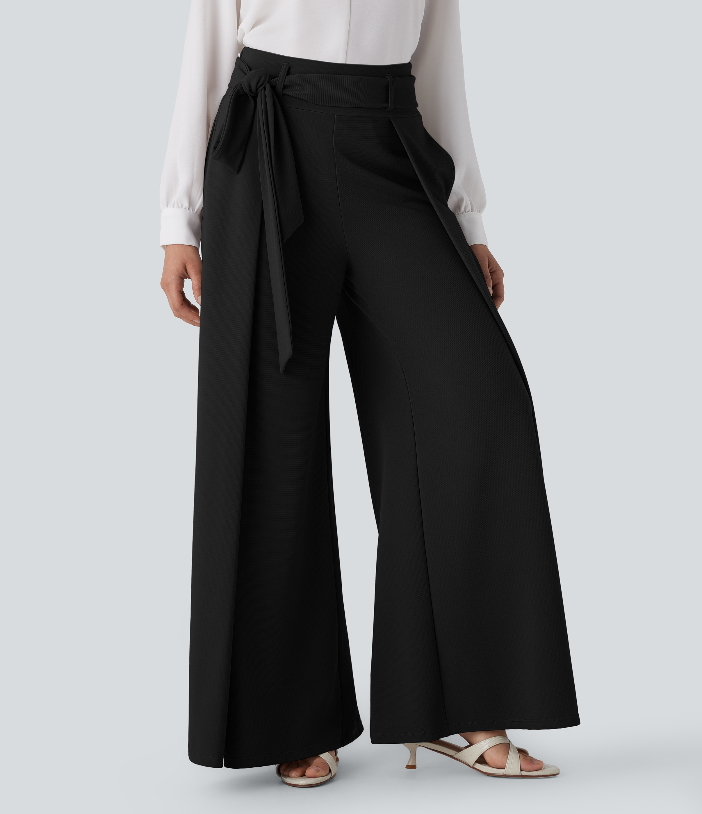 Halara Halara Flexв„ў High Waisted Belted Side Pocket Wide Leg Micro Waffle Work Pants  - Black - XL(regular) sweatpants jogger pants 